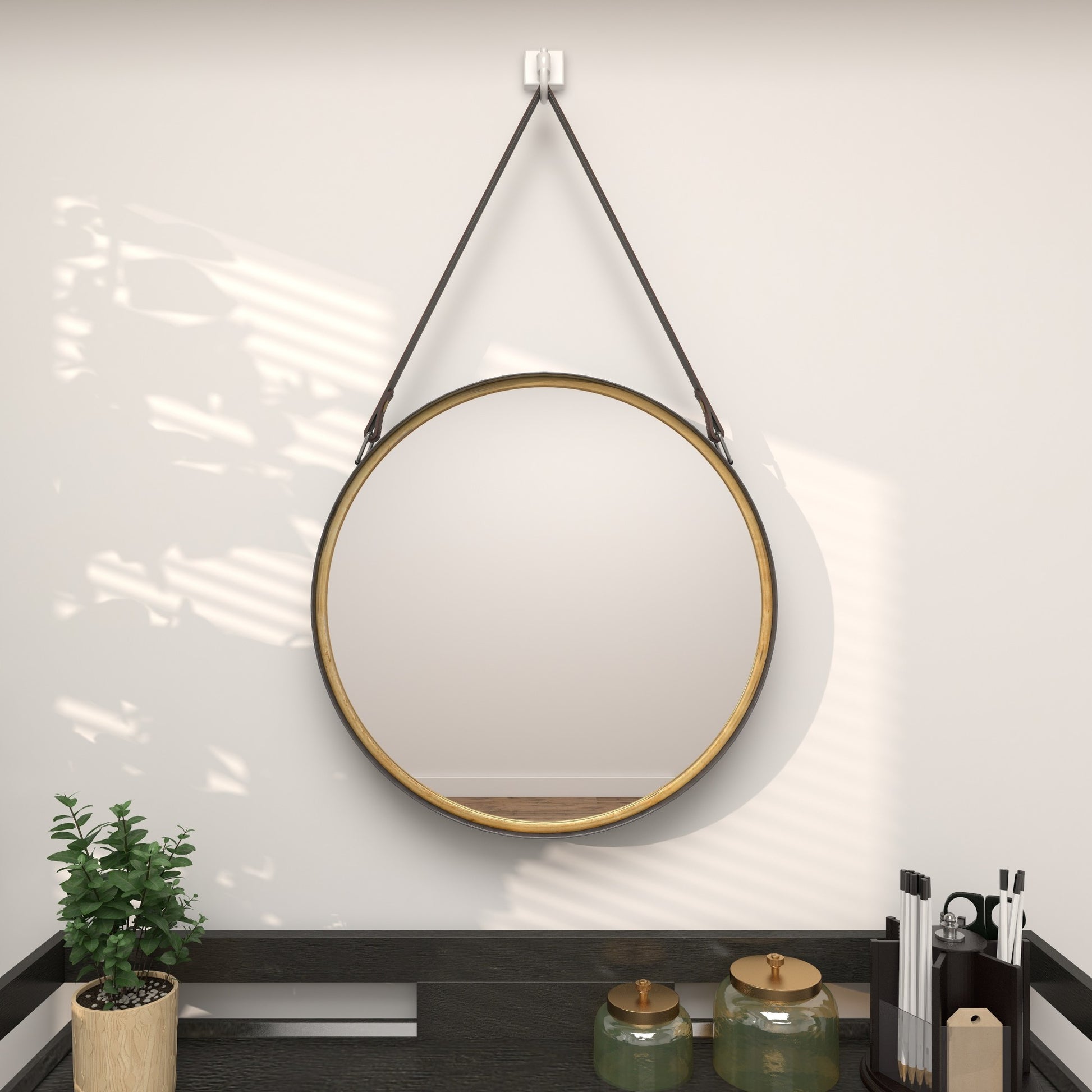 Gold Metal Small Room Wall Mirror with Leather Hanging Strap