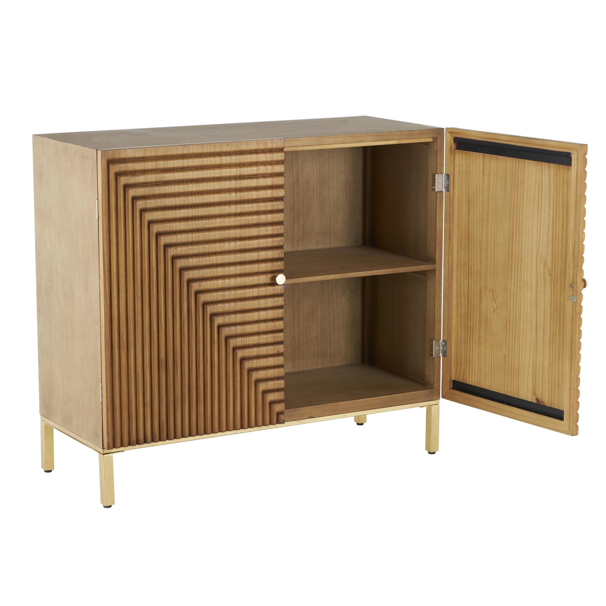 Geometric Brown Wood Carved Square Room Cabinet with Gold Accents