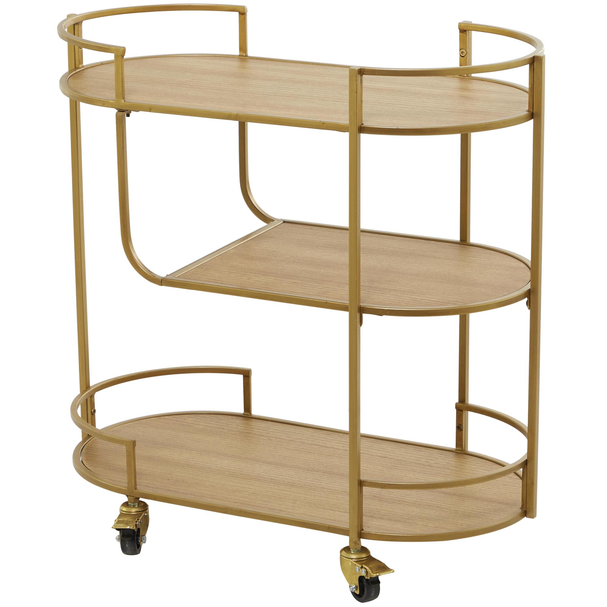 Gold Wood Rolling 3 Shelf Home Bar Cart with Handles