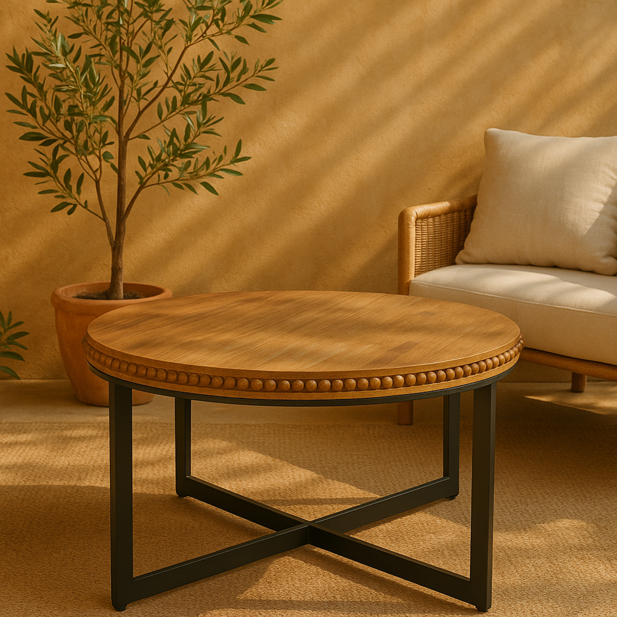 Brown Wood Beaded Living Room Coffee Table with Metal X-Shaped Base
