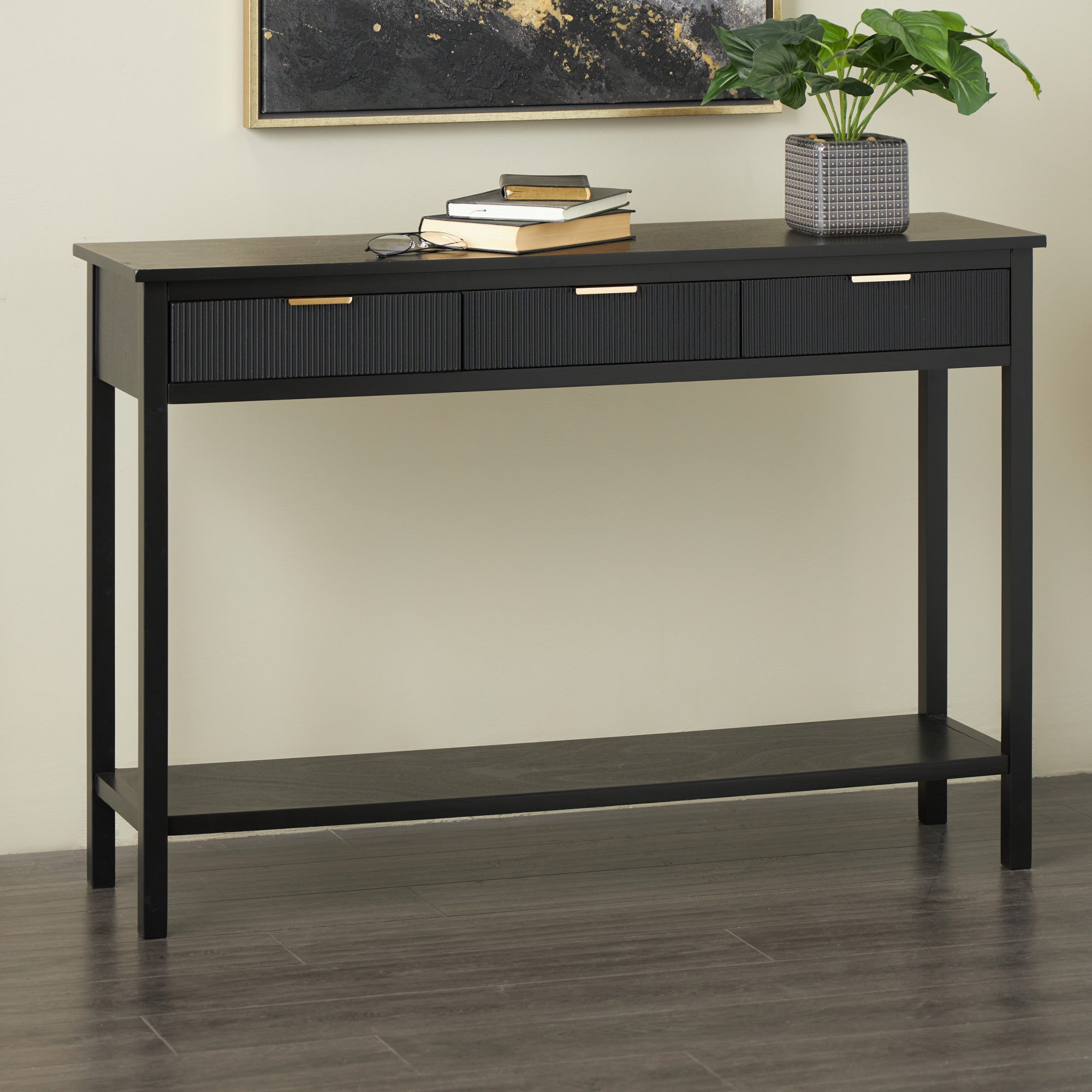 Black Wooden Handmade 3 Drawer Living Room Console Table with Gold Handles