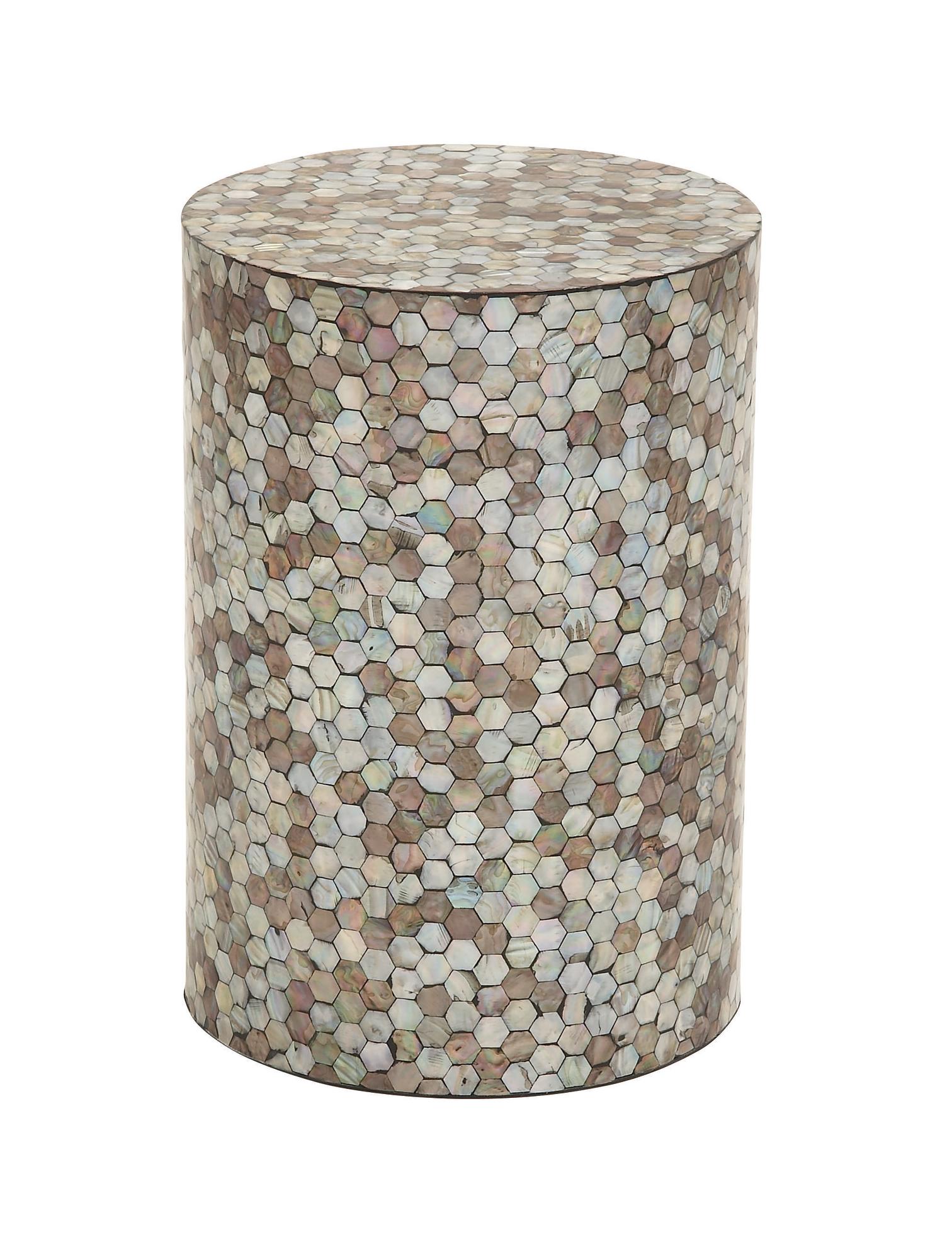 Geometric Mother of Pearl Shell Handmade Mosaic Drum Side End Accent Table