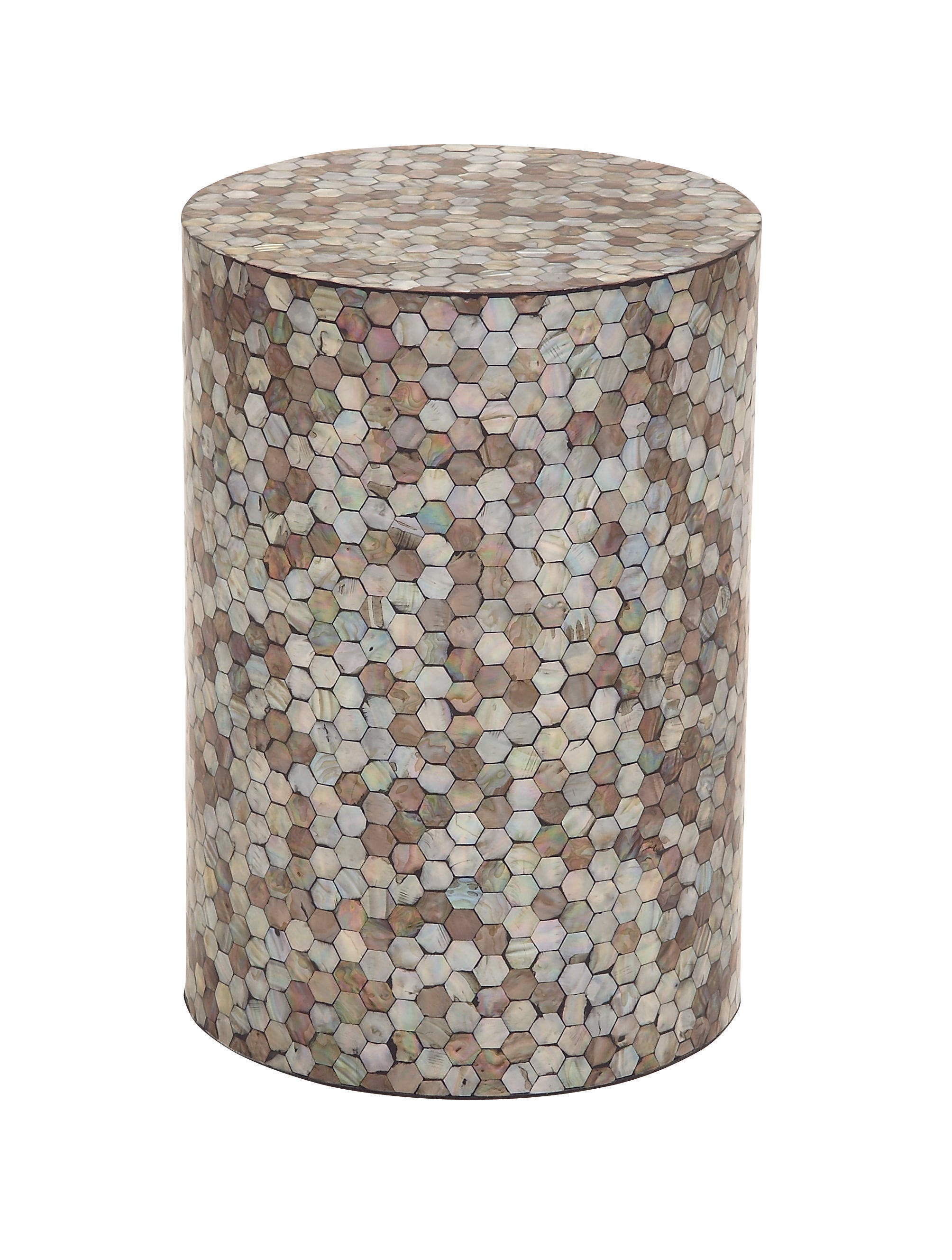 Geometric Mother of Pearl Shell Handmade Mosaic Drum Side End Accent Table