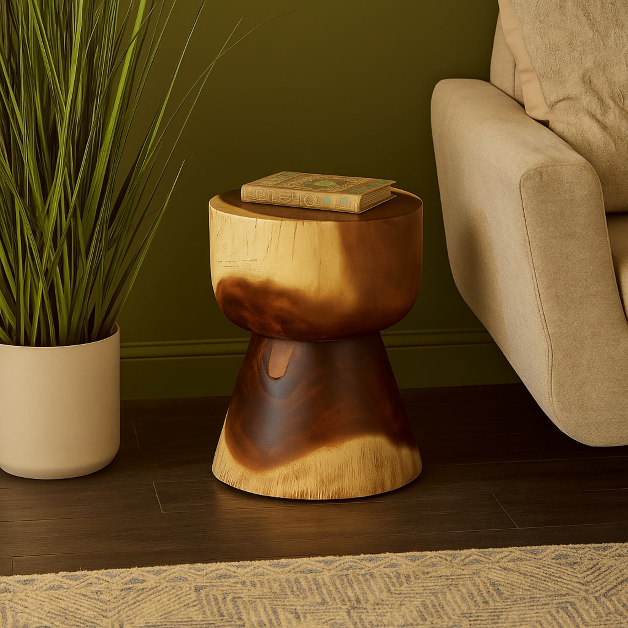 Brown Wood Handmade Hourglass Side End Accent Table with Natural Wood Grain