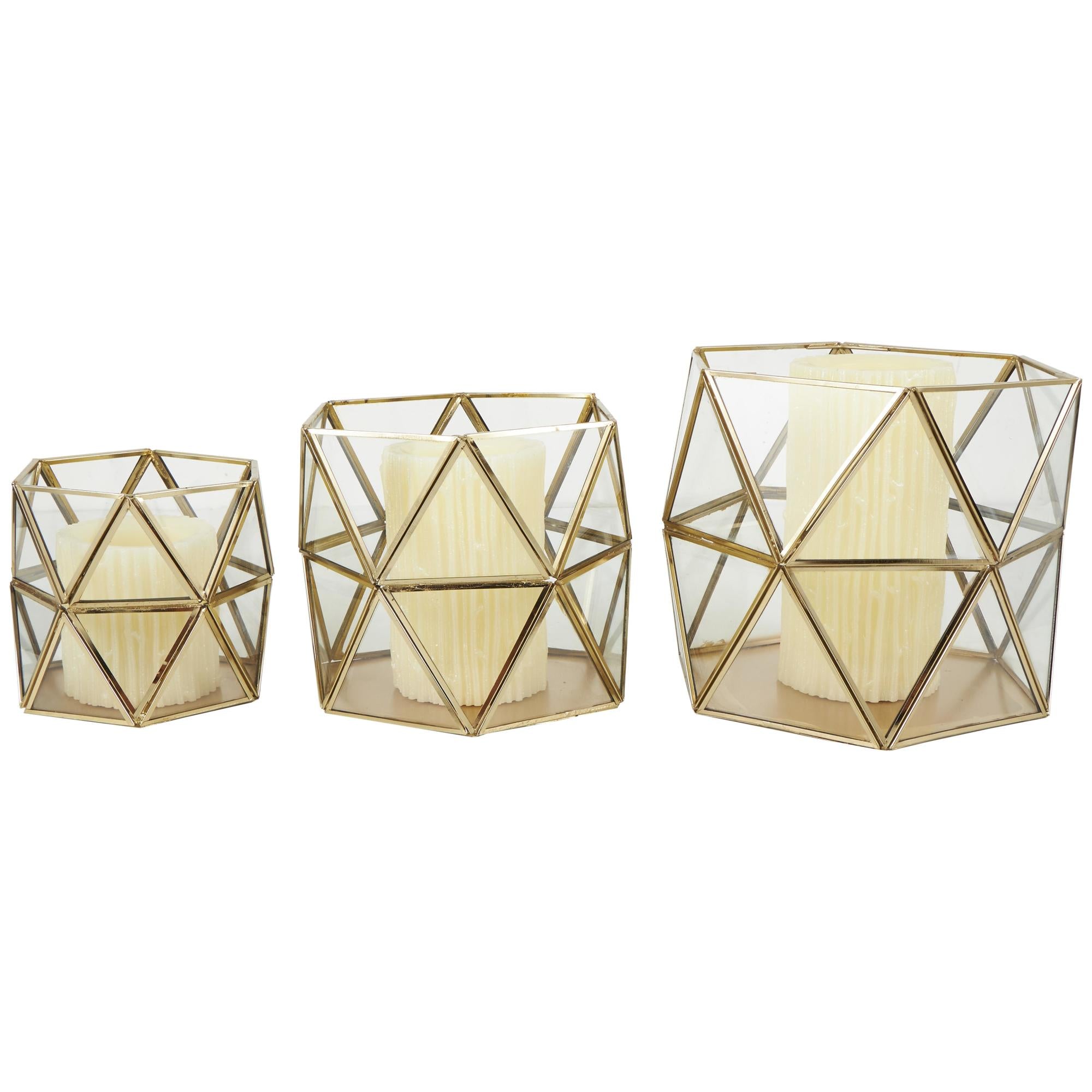 CosmoLiving by Cosmopolitan Set of 3 Geometric Gold Metal Diamond Patterned Hexagon Indoor Outdoor Candle Lantern