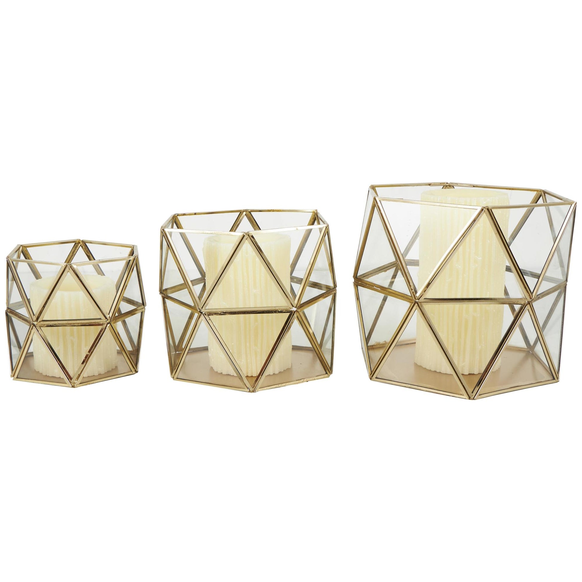 CosmoLiving by Cosmopolitan Set of 3 Geometric Gold Metal Diamond Patterned Hexagon Indoor Outdoor Candle Lantern
