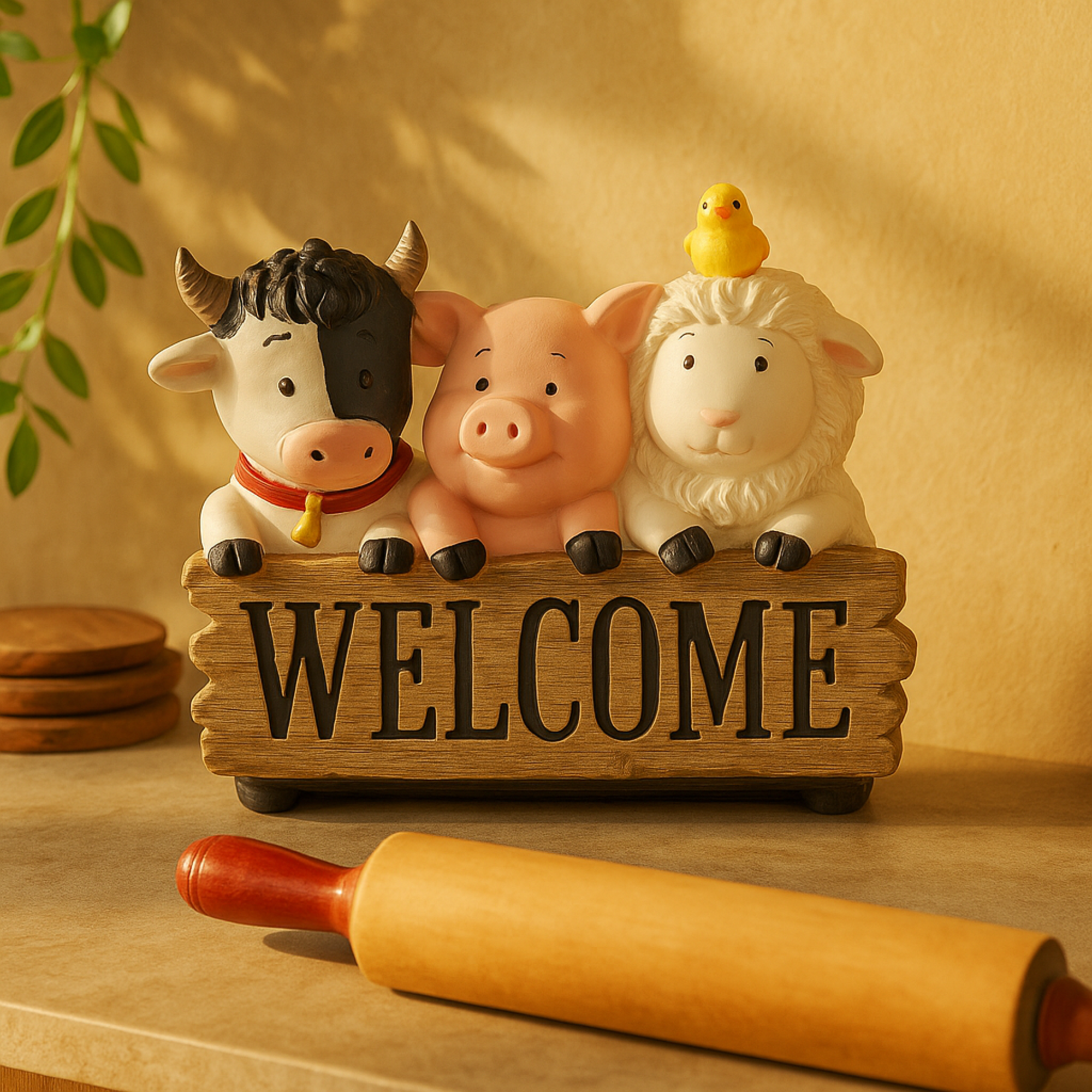 Farm Animals Multi Colored Polystone Decorative Sculpture with Brown Welcome Sign