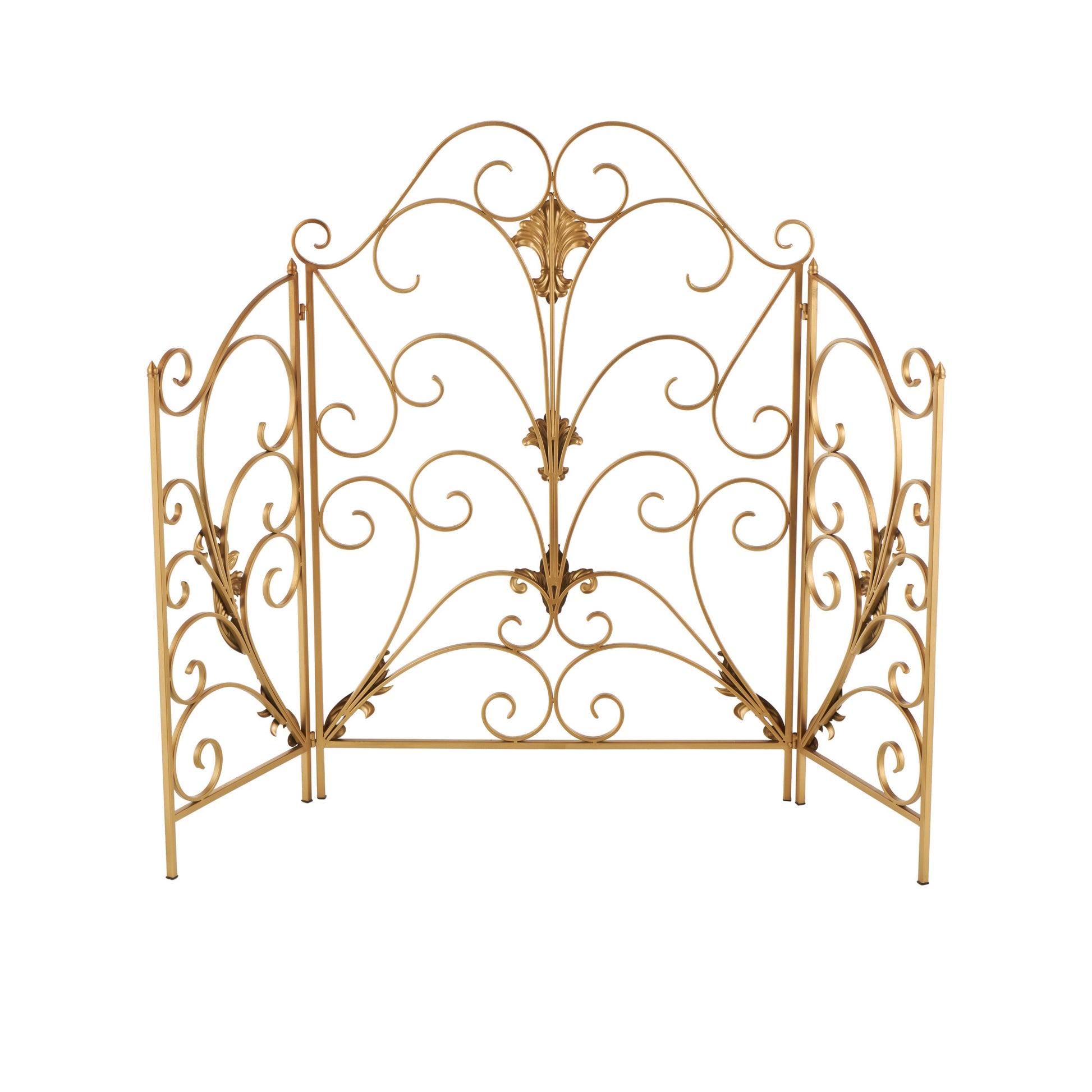 Scroll Gold Metal Foldable 3 Panel Living Room Fireplace Screen with Fleur De Lis Accents