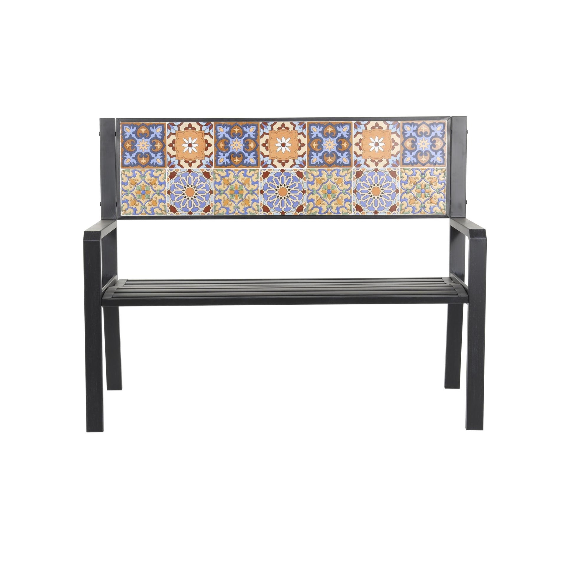 Metal Mosaic Floral and Scroll Patio Outdoor Bench with Orange and Blue Patterns 47" x 22" x 36"