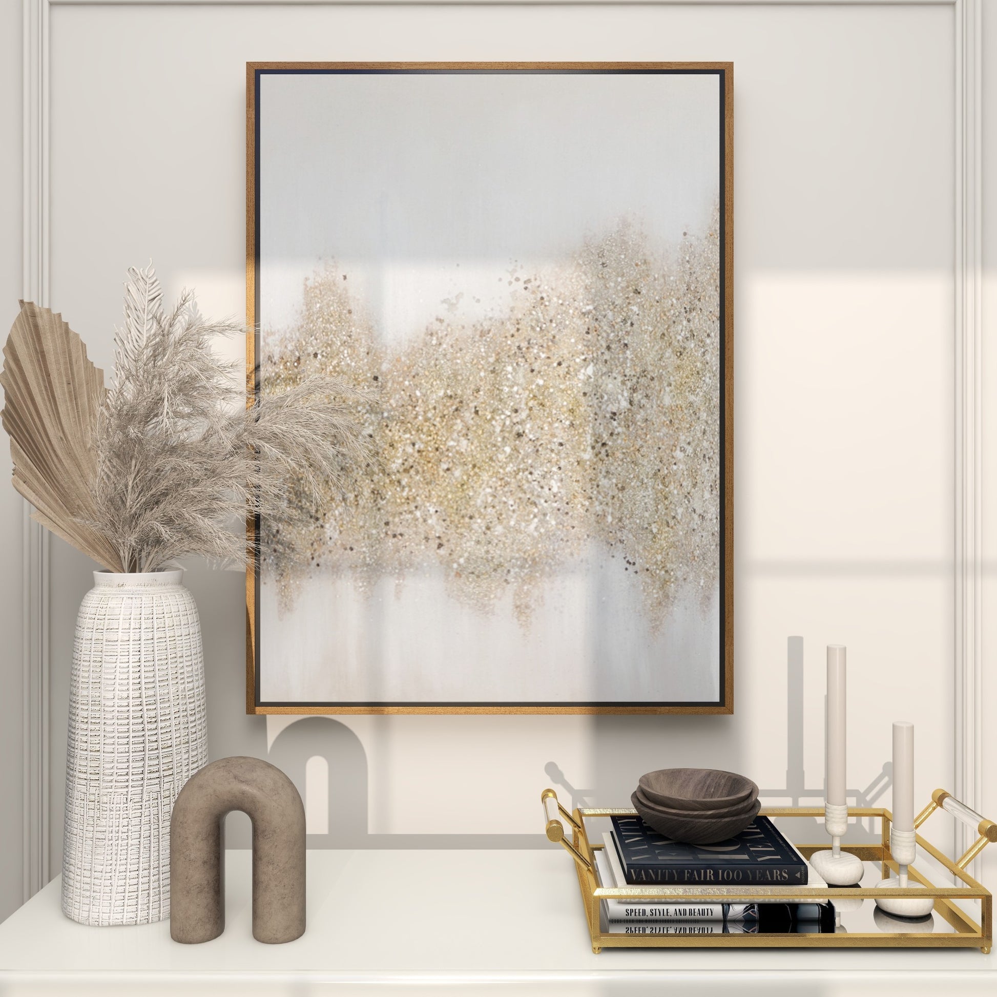 Geode Gold Canvas Glitter Flakes Living Room Framed Wall Art with Gold Frame