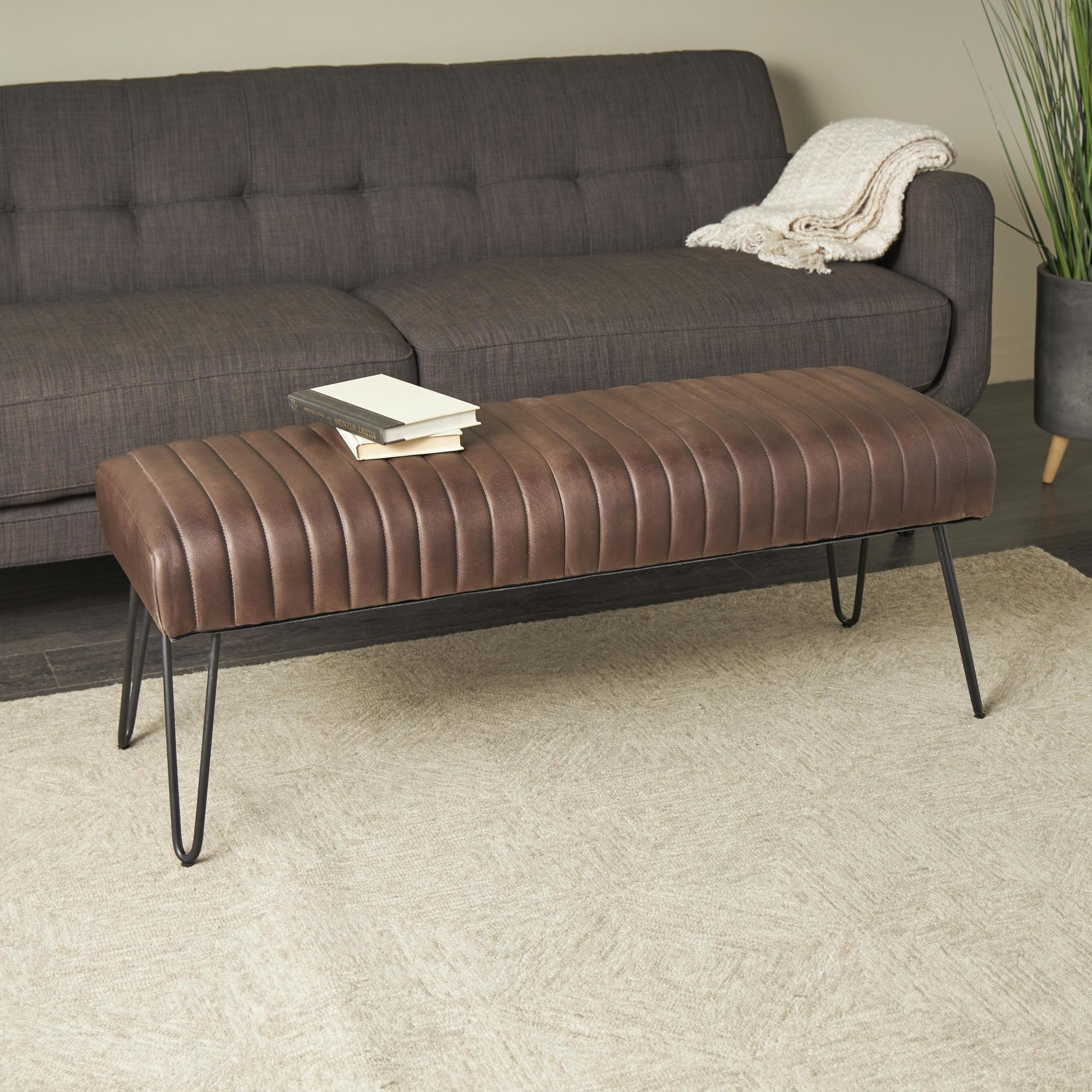 Leather Upholstered Home Bench with Linear Tufted Panels and Black Metal Hairpin Legs