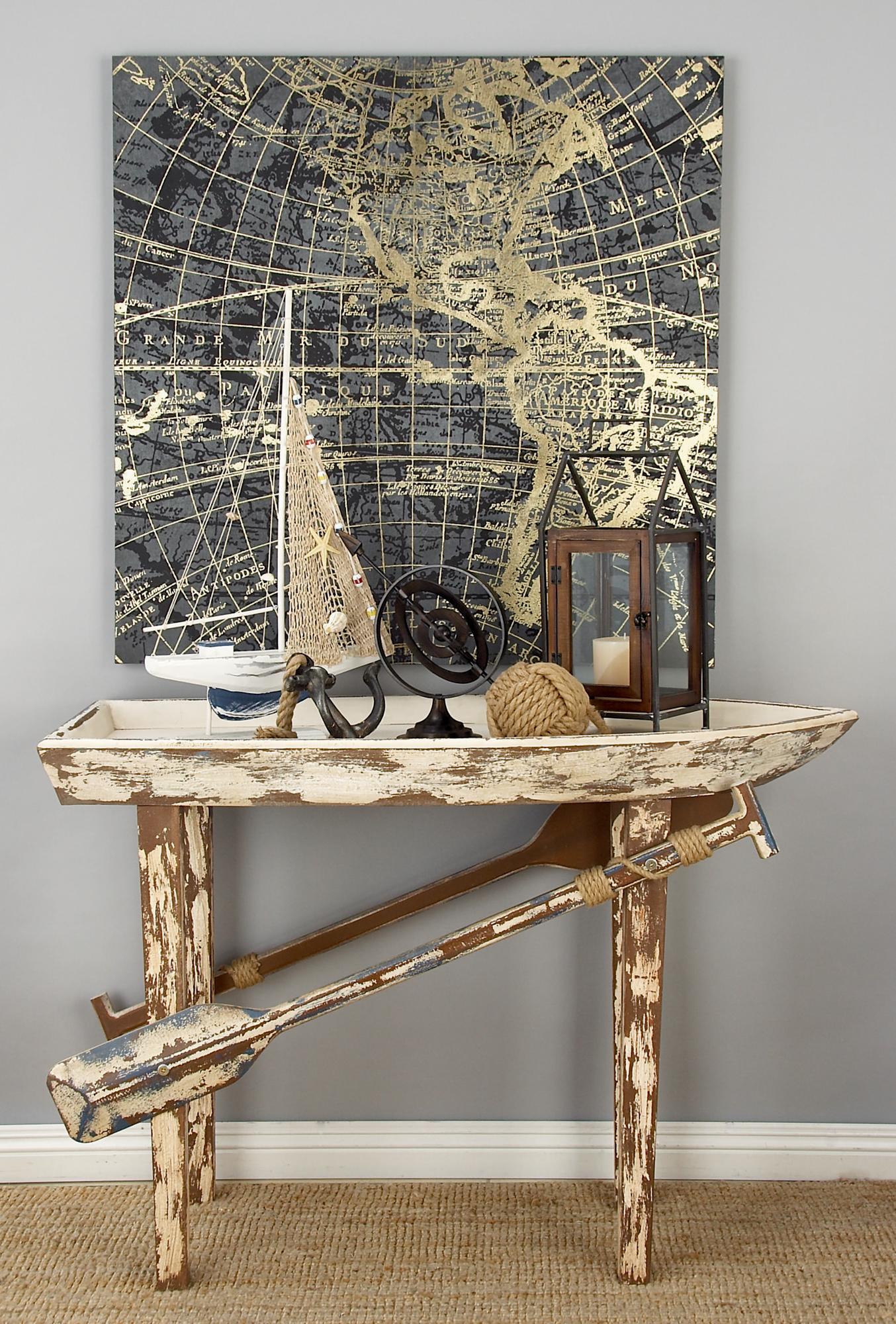 Boat White Wood Distressed Tray Top Side End Accent Table with Oar Detailed Legs
