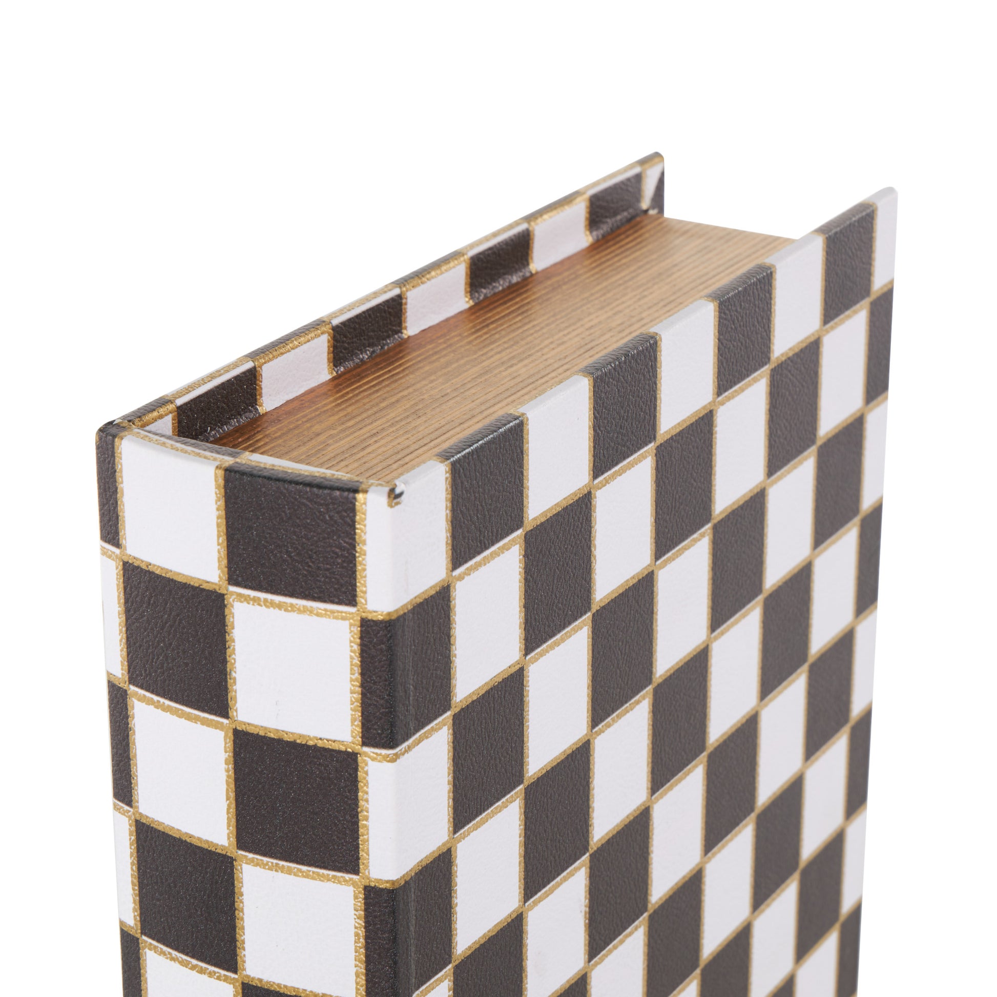Set of 3 Black Faux Leather Checkered Faux Book Storage Decorative Box with White and Metallic Gold Accents
