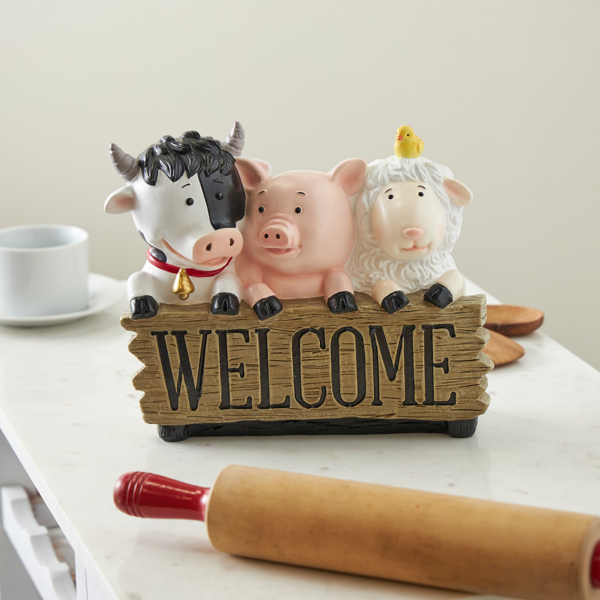 Farm Animals Multi Colored Polystone Decorative Sculpture with Brown Welcome Sign