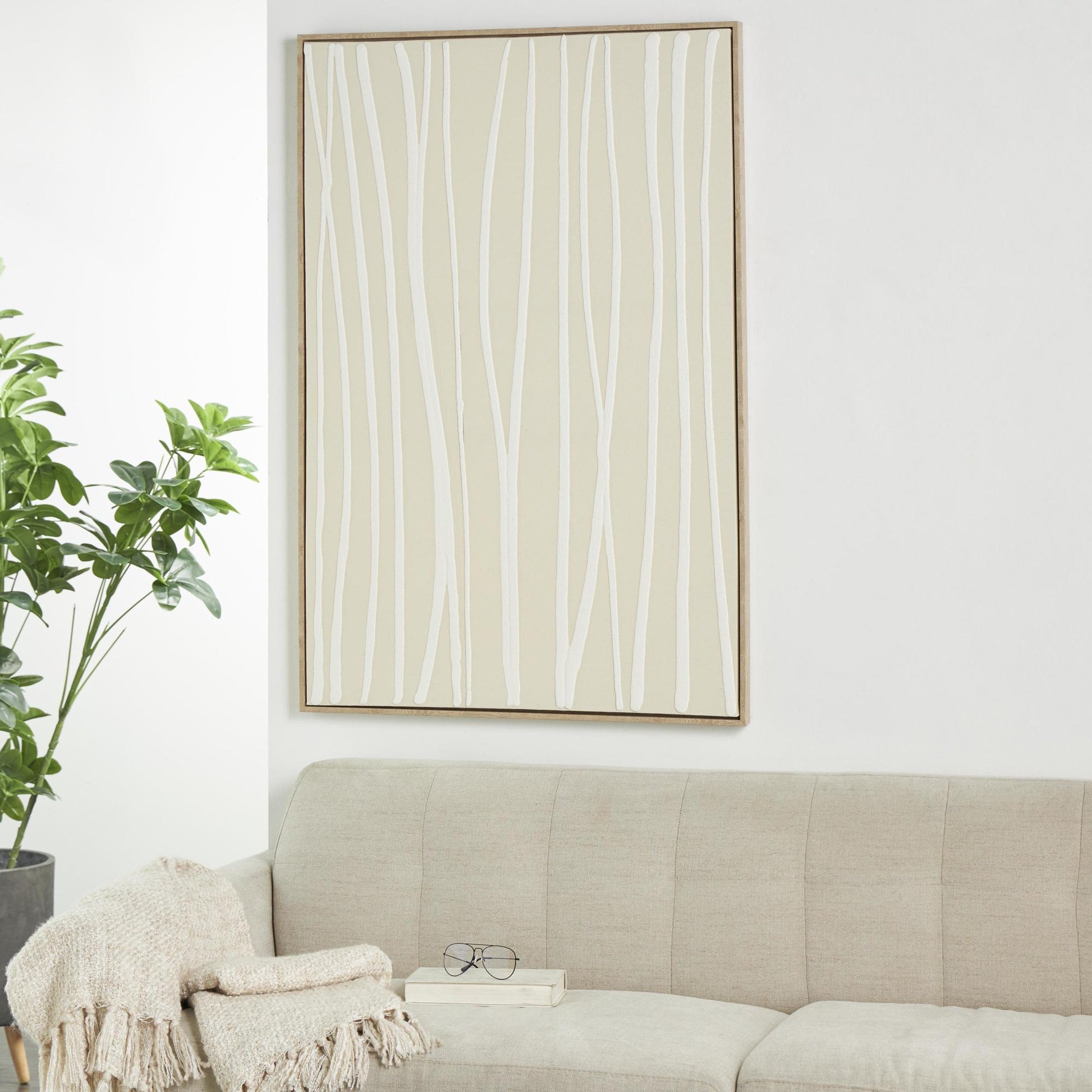 Abstract Beige Wooden Vertical Line Living Room Framed Wall Art with Brown Wooden Frame