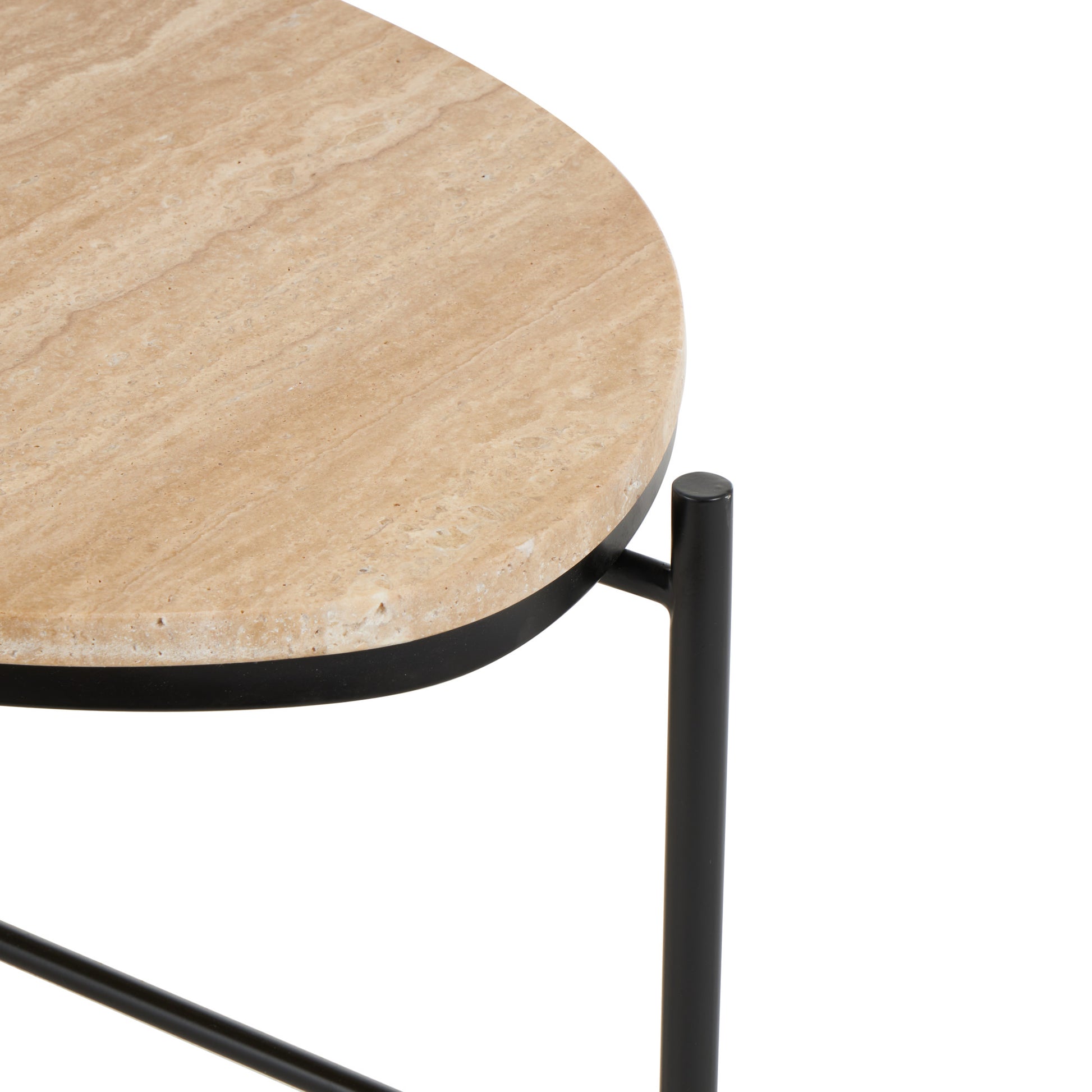 Beige Marble Oval Living Room Coffee Table with Black Metal Support