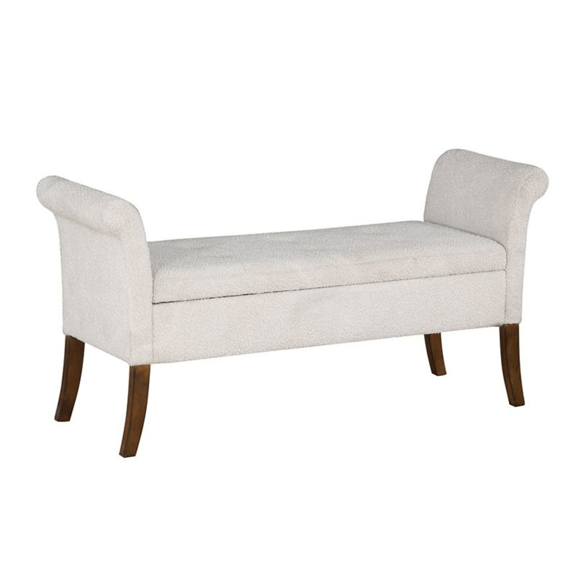 White Fabric Boucle Room Storage Bench with Flared Brown Wooden Legs