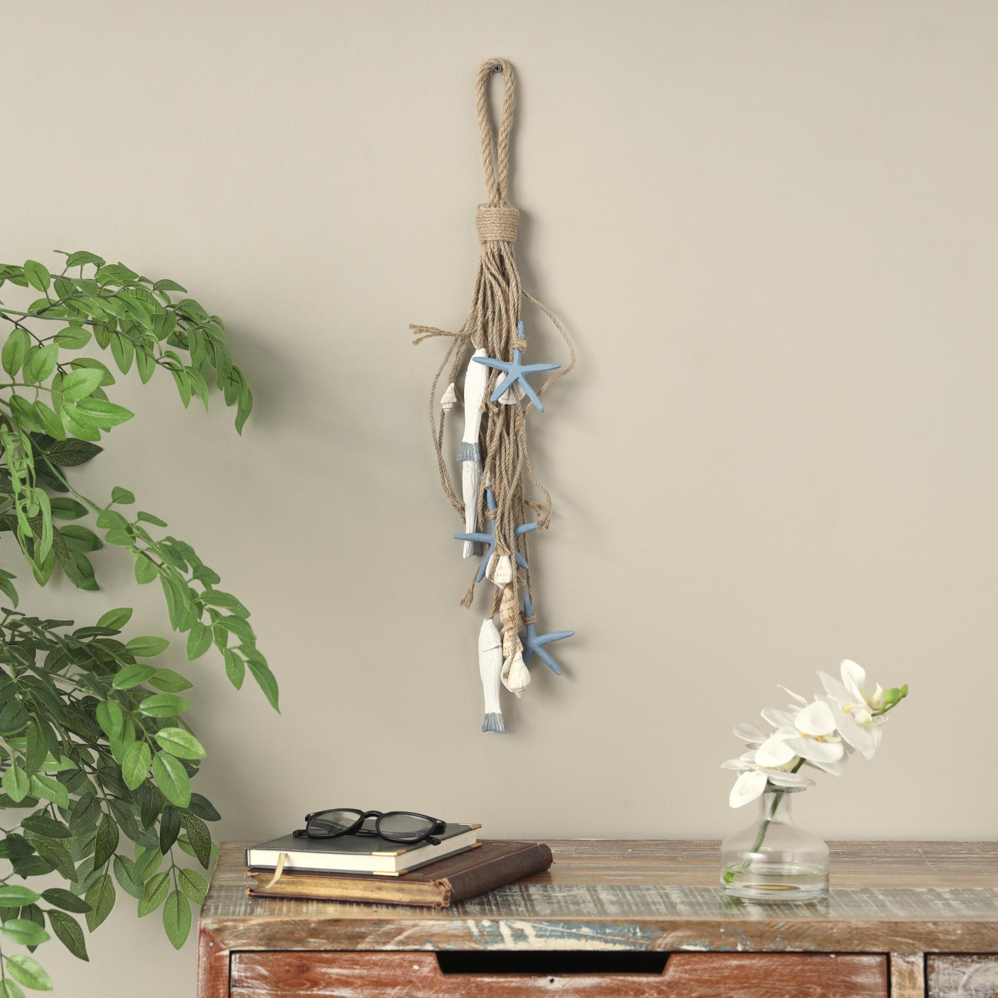 Fish Jute Rope Layered Hanging Home Wall Decor with Cream Shell and Starfish Accents 5" x 2" x 22"