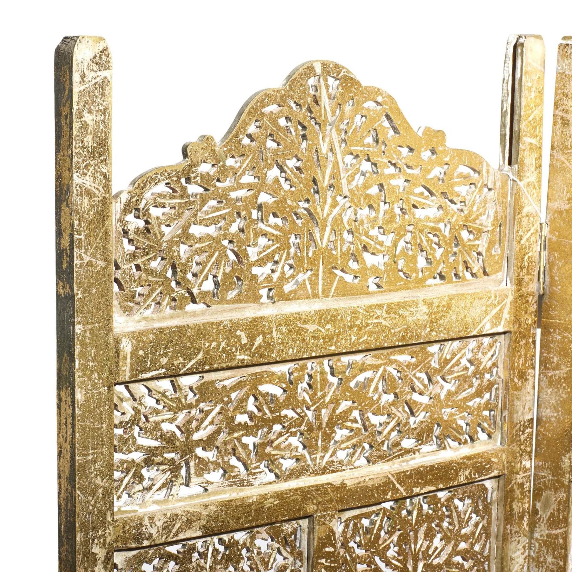 Floral Gold Wooden Handmade Foldable Partition 4 Panel Partition Room Divider Screen with Carved Designs
