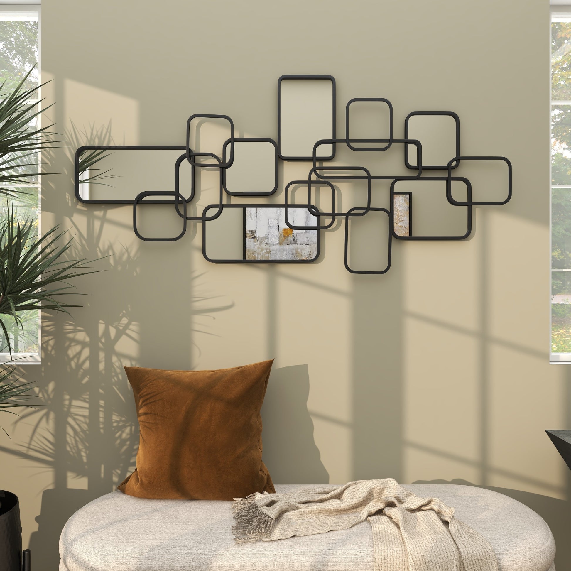 CosmoLiving by Cosmopolitan Geometric Black Metal Overlapping Rectangle Room Wall Mirror with Wire Rod Outlines