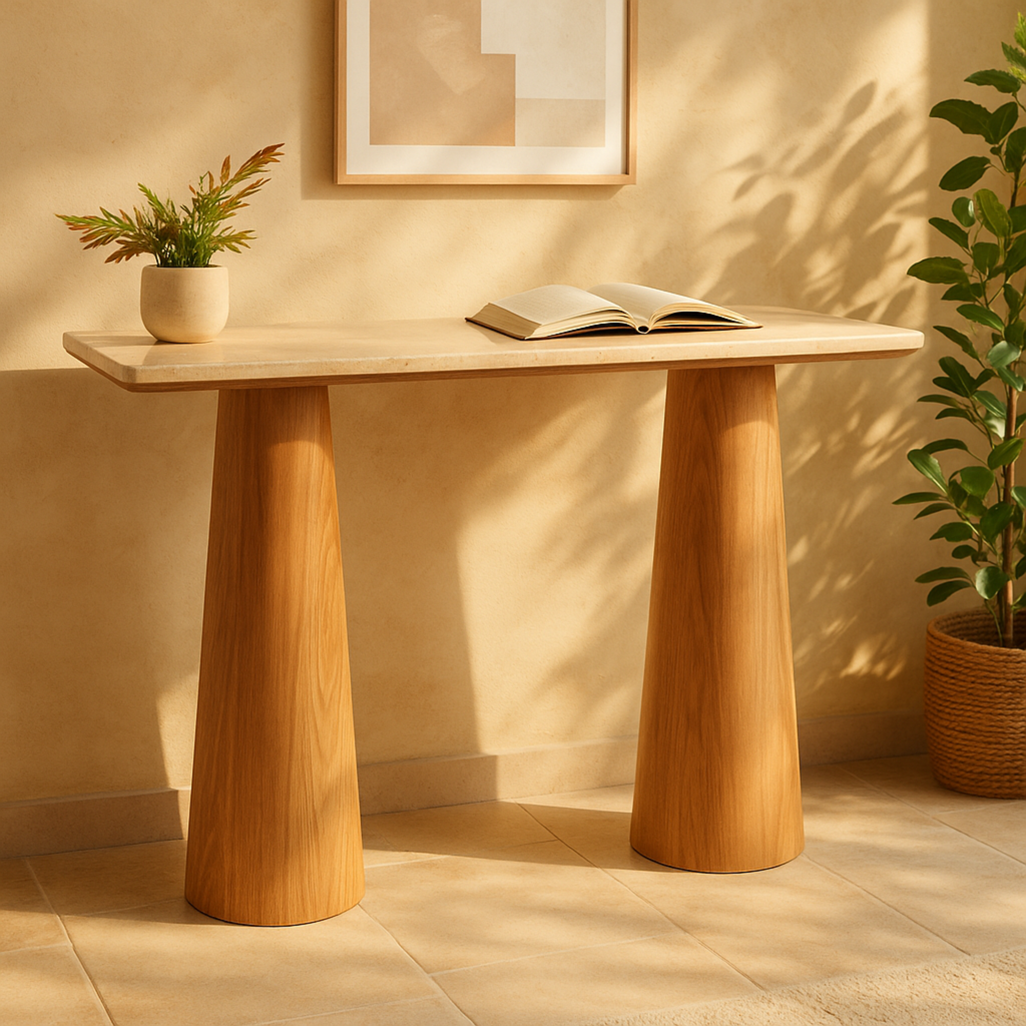 Brown Wood Rectangular Living Room Console Table with Rectangle Beige Marble Tabletop