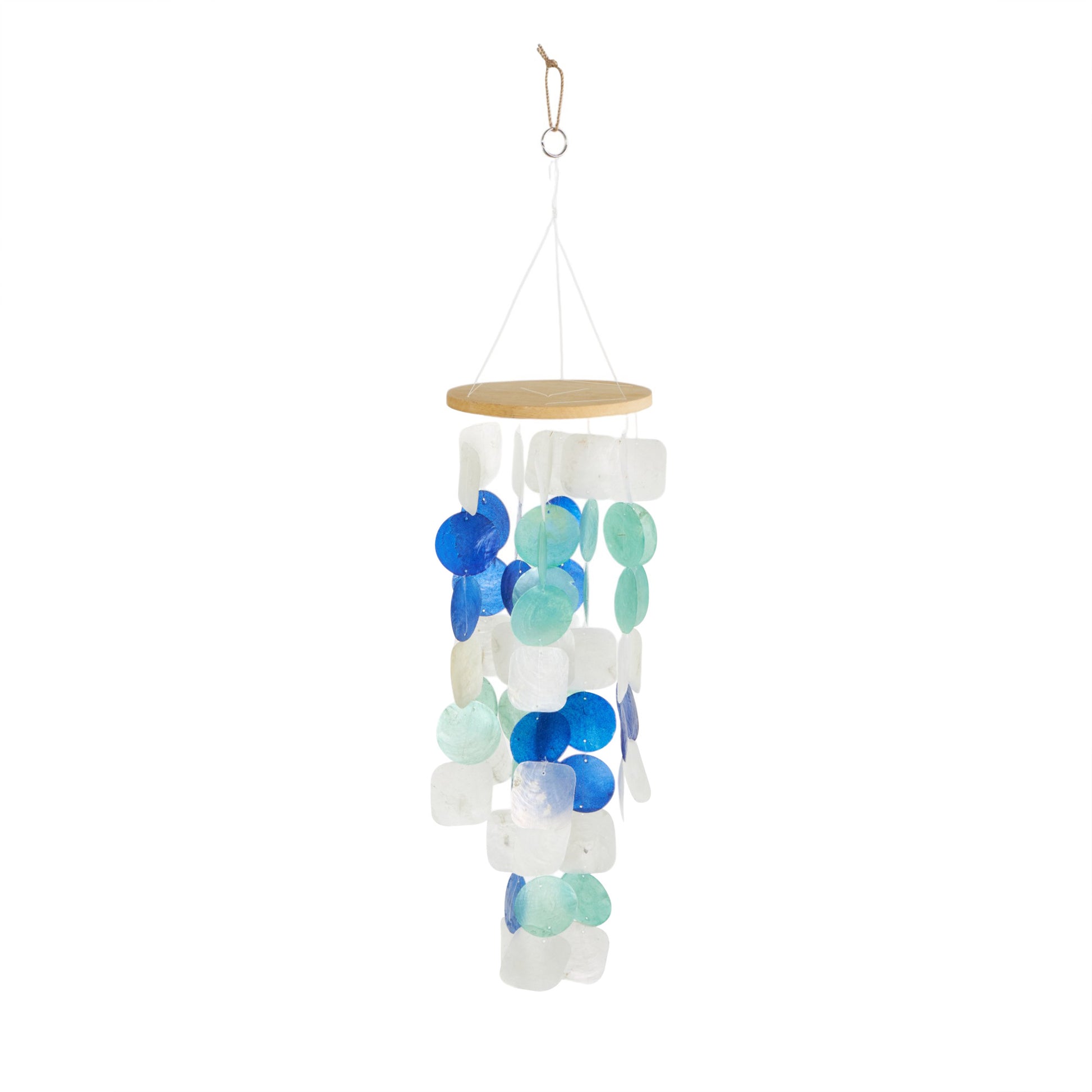 Geometric White Capiz Shell Waterfall Indoor Outdoor Windchime with Blue and Teal Accents