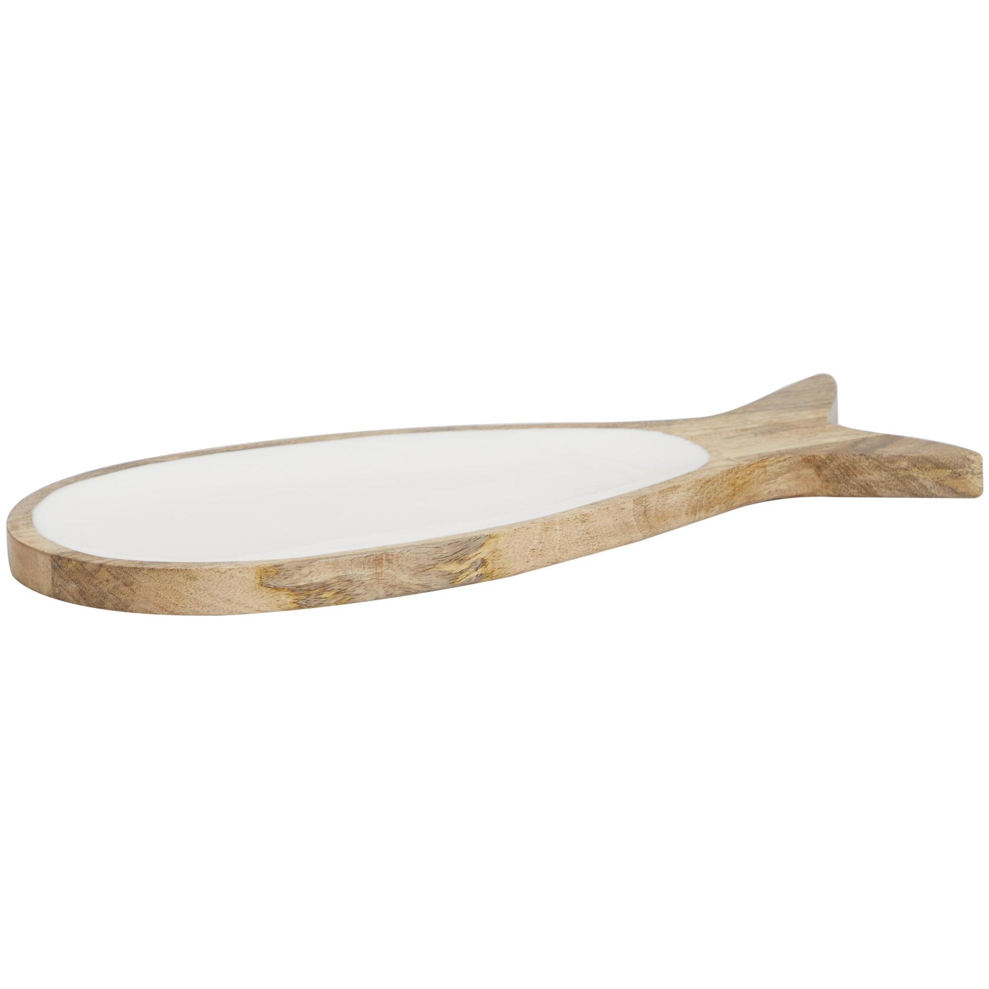 Fish Brown Mango Wood Living Room Decor Tray with White Enameled Interior