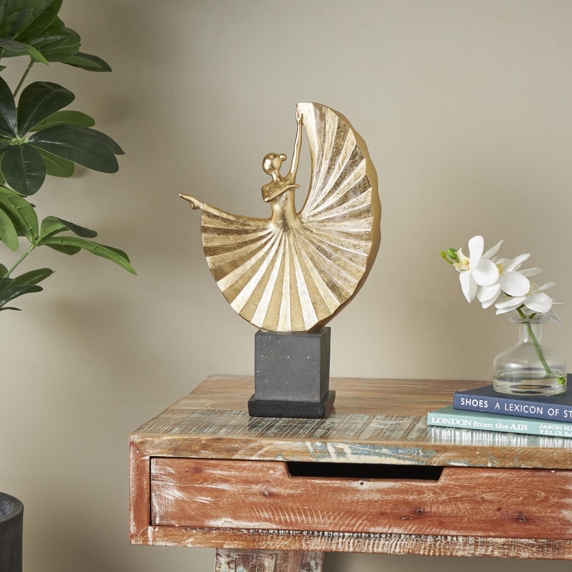 Dancer Gold Polystone Ballet Decorative Sculpture with Elevated Black Base