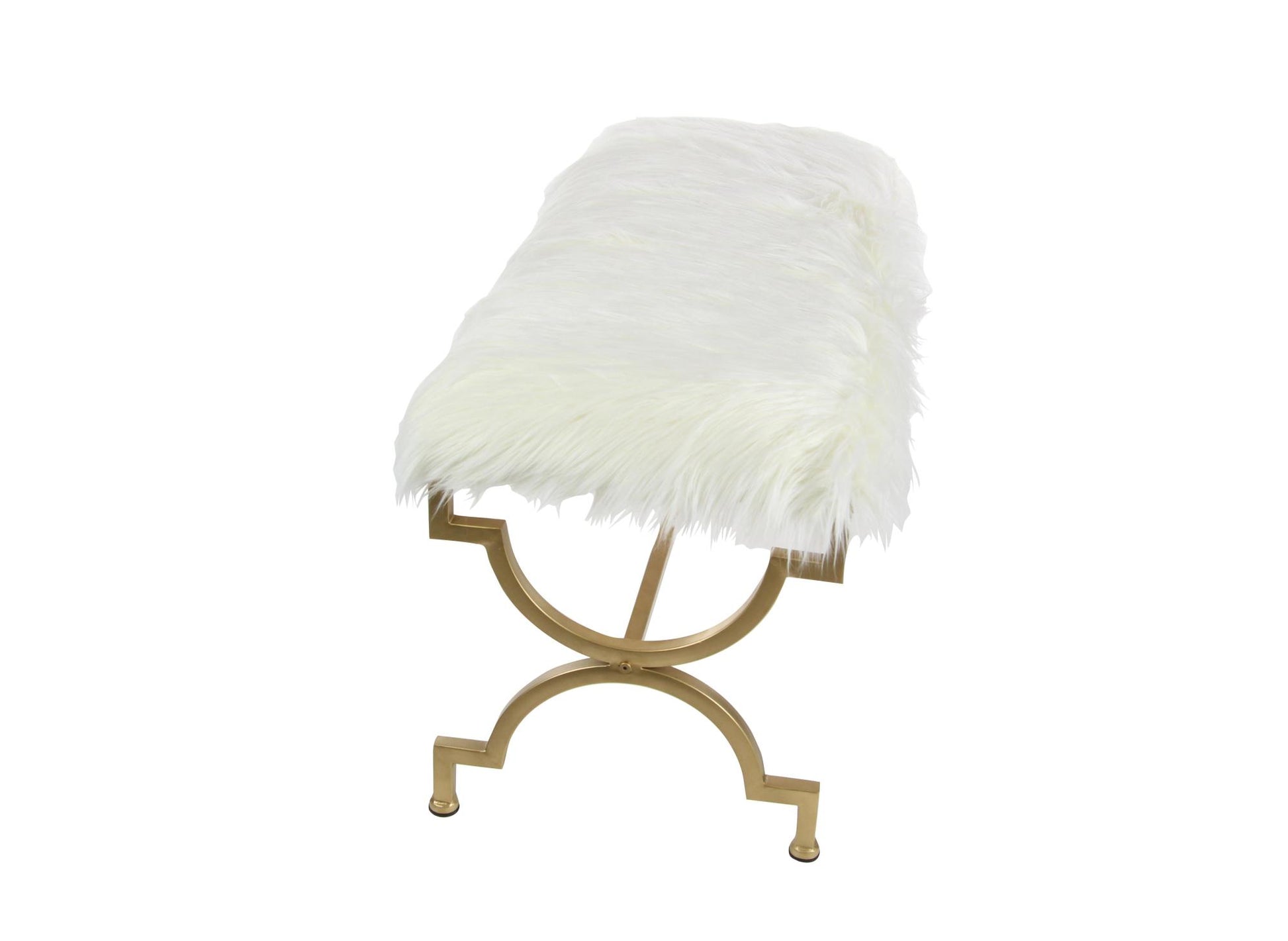 Gold Metal Home Bench with White Faux Fur Top