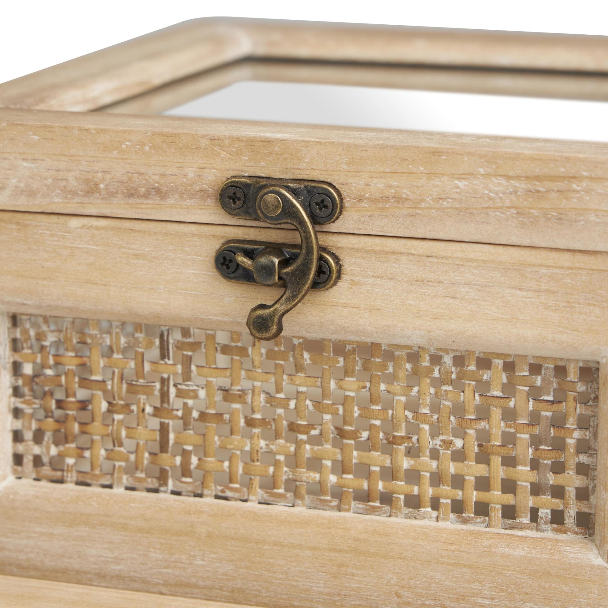 Set of 2 Light Brown Wood Glass Top Decorative Box with Rattan Side Panels and Bronze Hook Closures