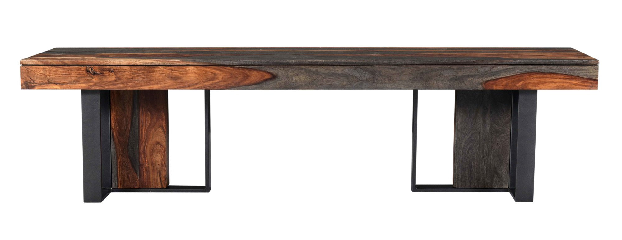 Geometric Brown Sheesham Wood Home Bench with T- Shaped Black Iron Legs and Natural Wood Grains