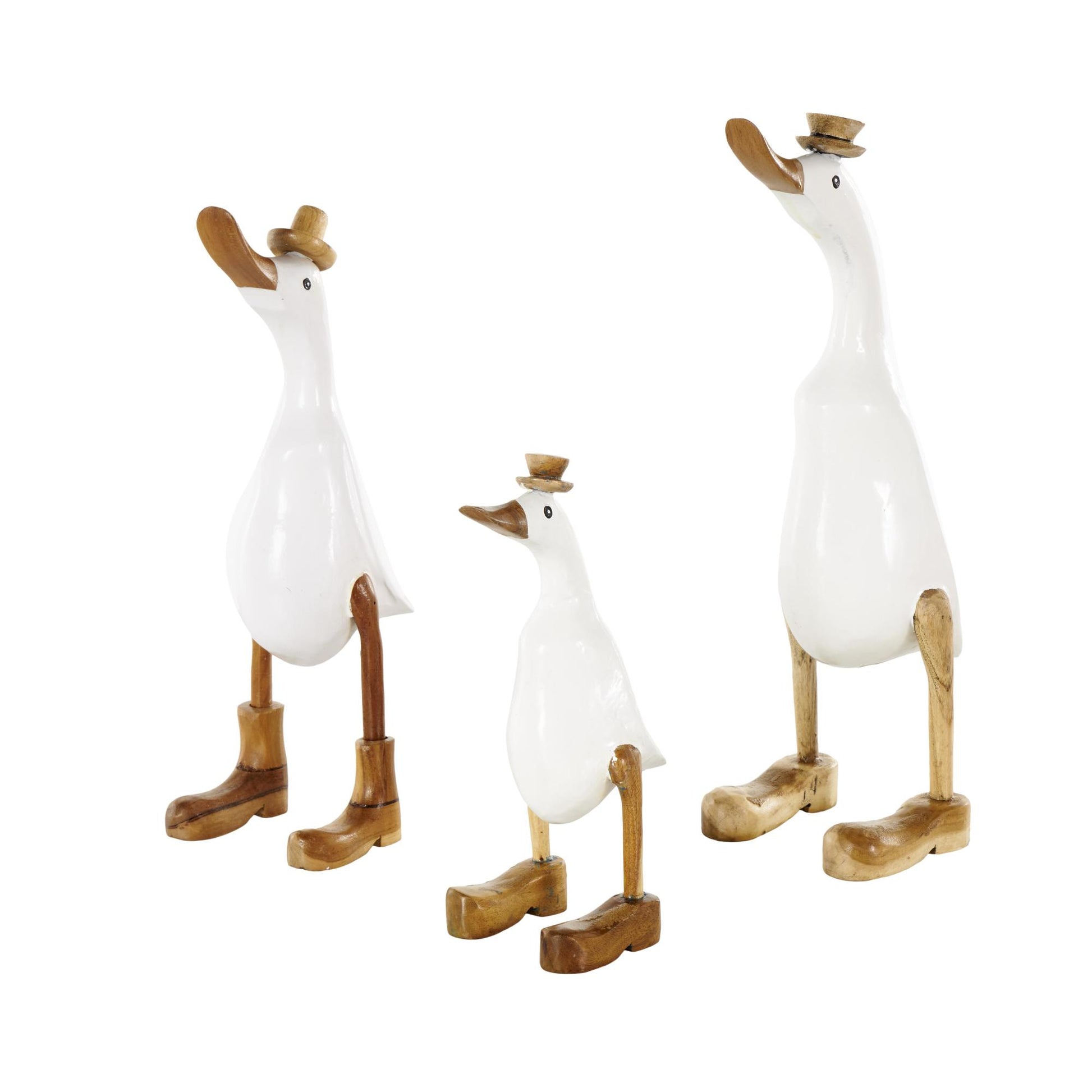 Set of 3 Duck White Bamboo Wood Decorative Sculpture with Brown Top Hats and Shoes