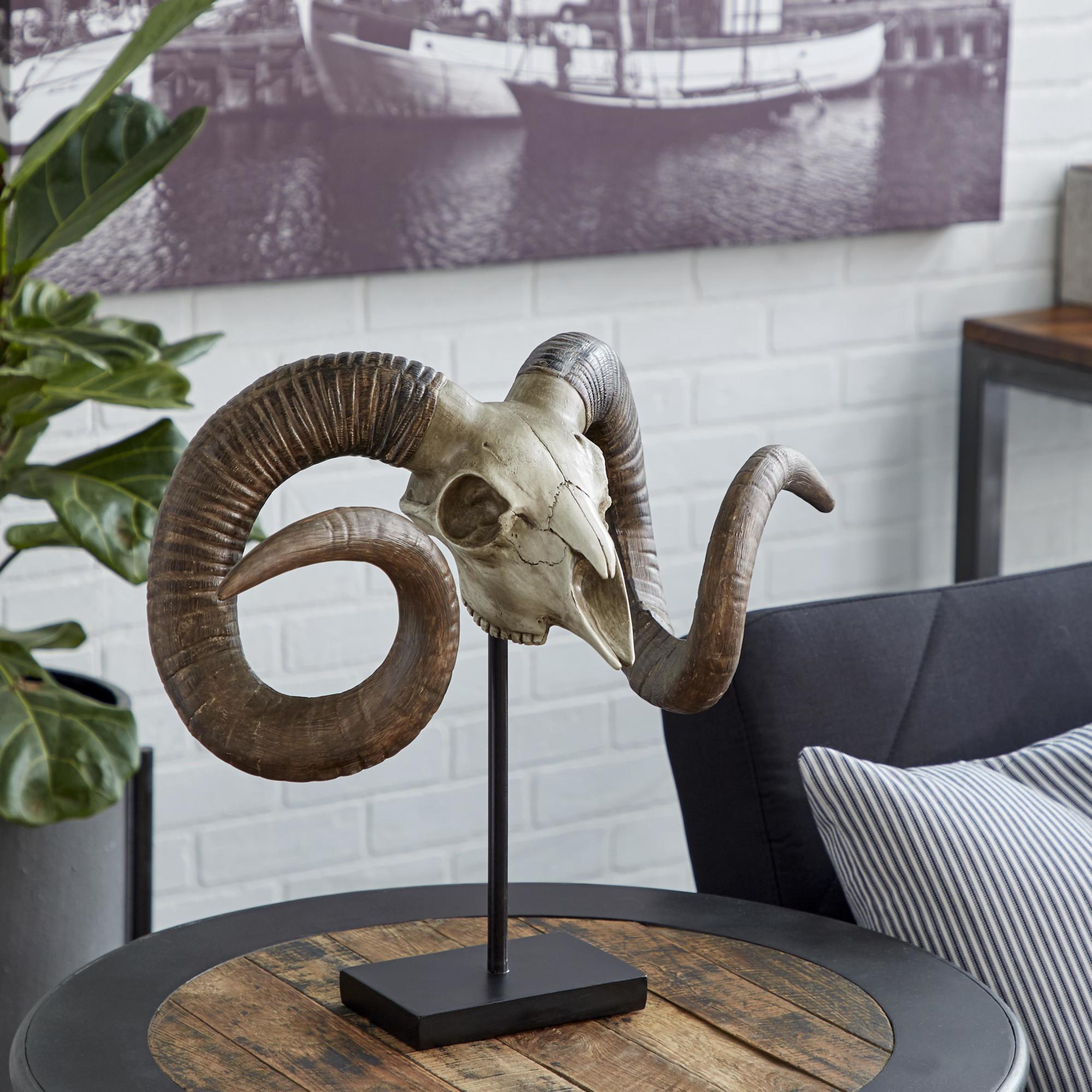 Ram Brown Polystone Skull Decorative Sculpture