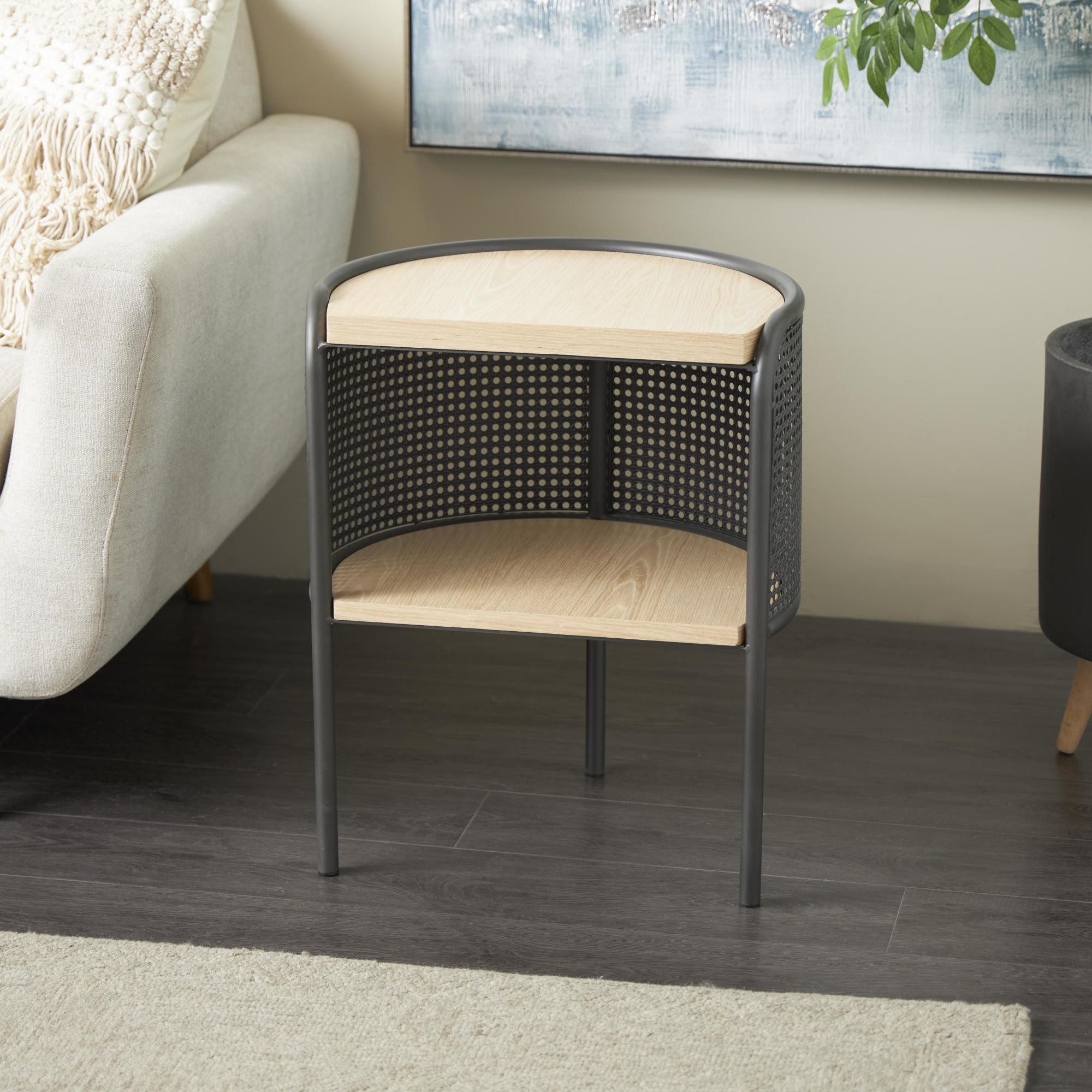 Light Brown Wooden Half-Moon Two- Toned Side End Accent Table with Mesh Back Panel and Brown Wood Tabletop