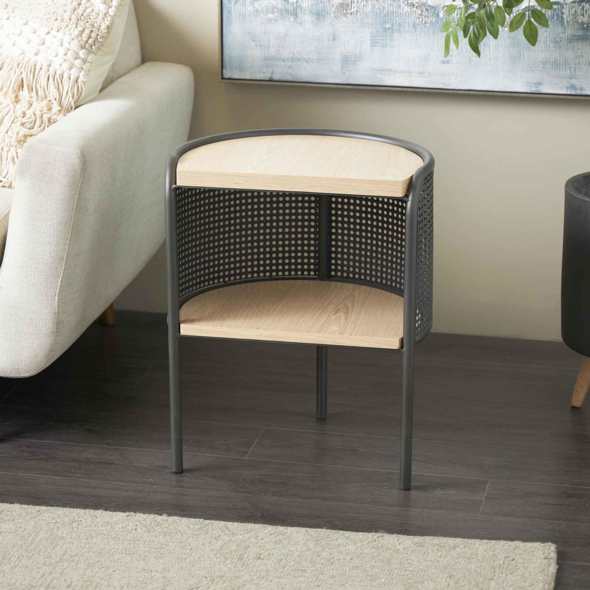 Light Brown Wooden Half-Moon Two- Toned Side End Accent Table with Mesh Back Panel and Brown Wood Tabletop