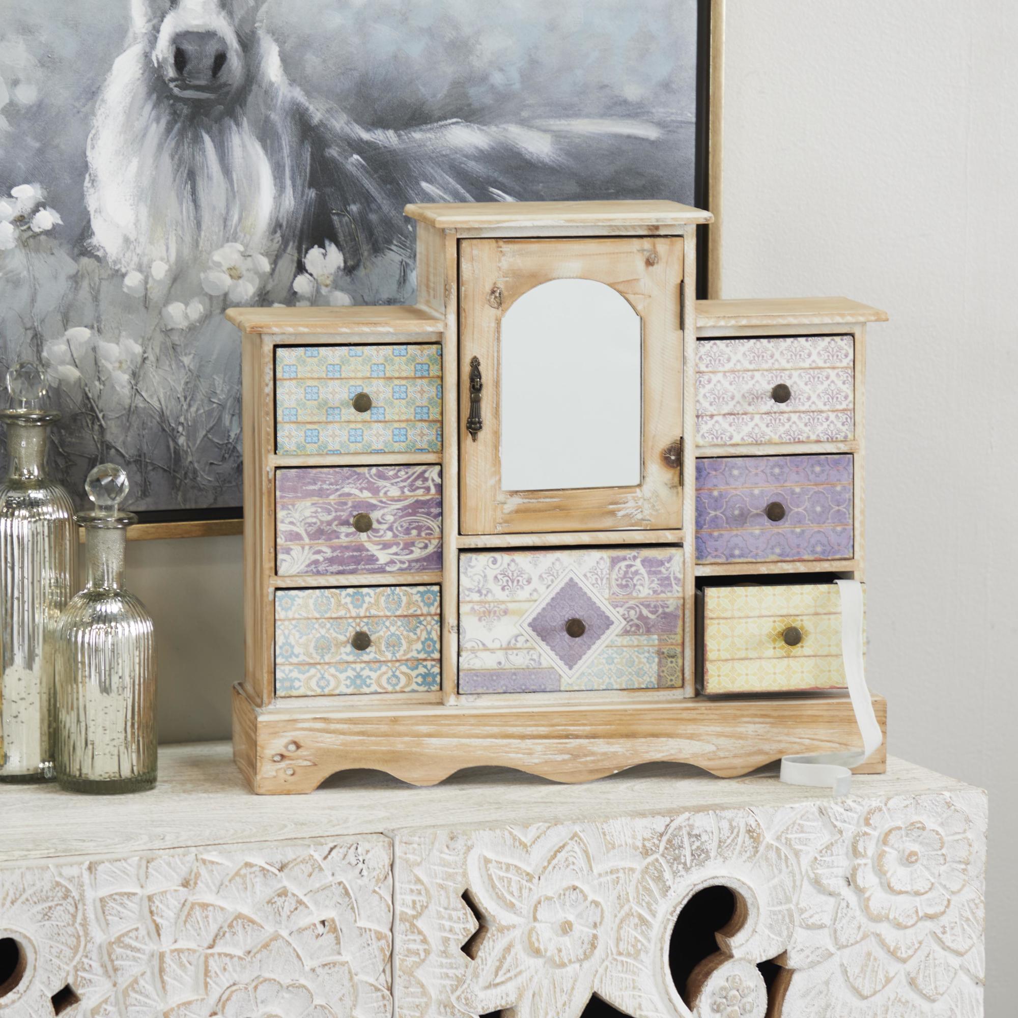 Scroll Light Brown Wooden 7 Drawers Decorative Jewelry Box with Patchwork Patterns