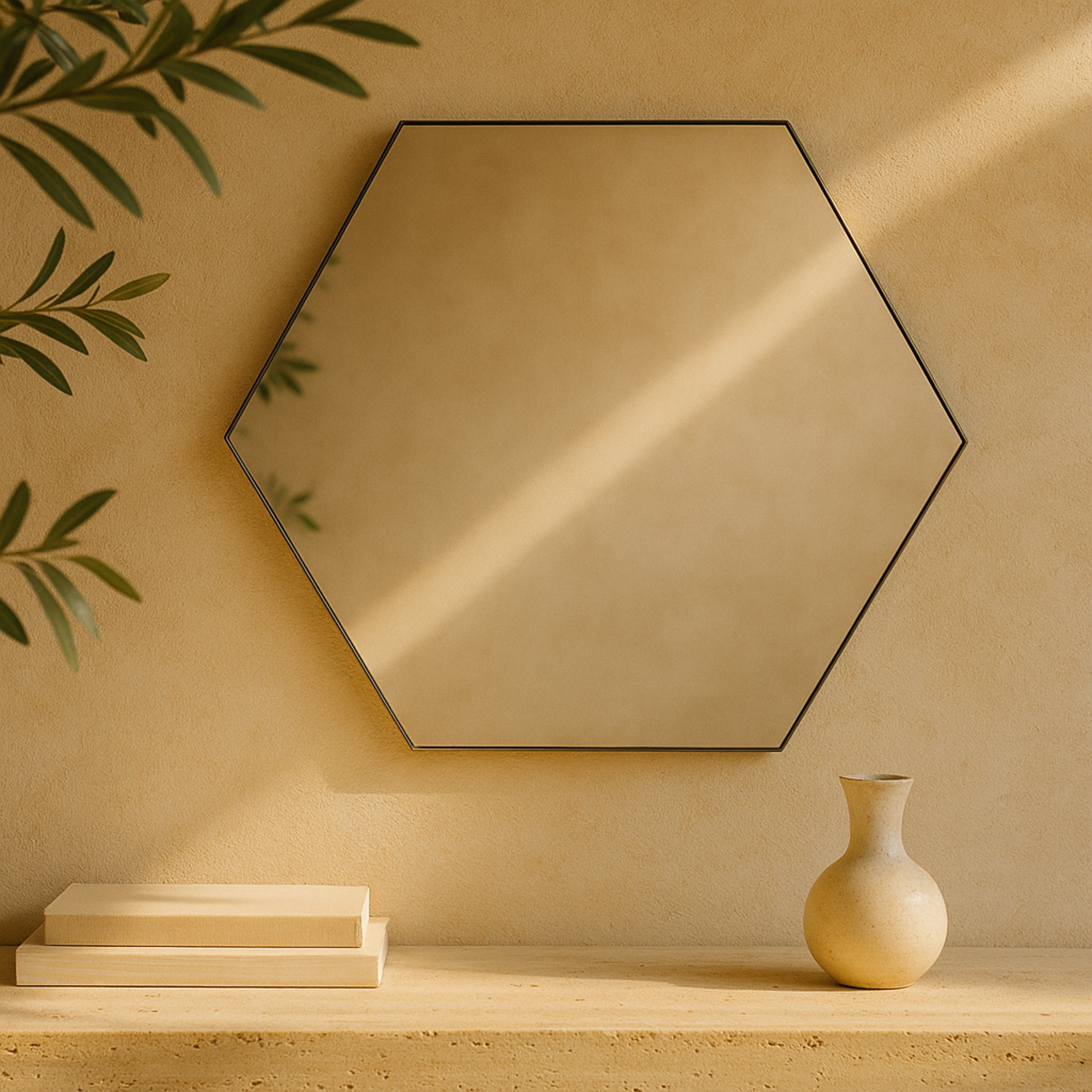 Wooden Hexagon Room Wall Mirror with Thin Frame