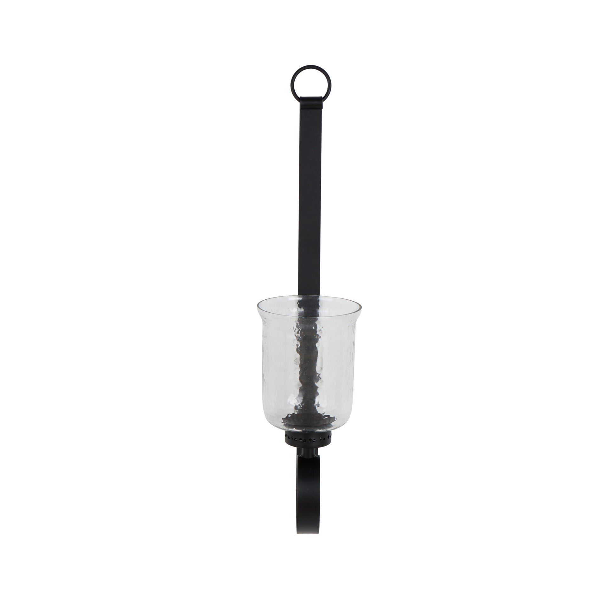 Scroll Black Metal Long Indoor Outdoor Wall Sconce with Hurricane Glass Holder