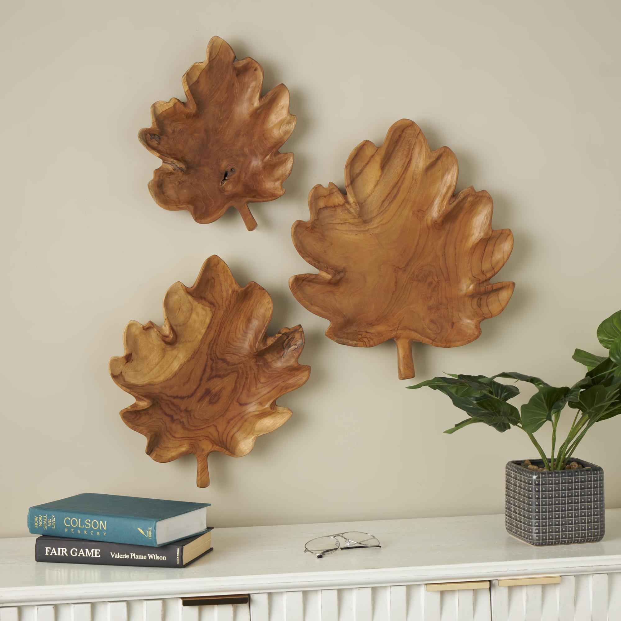Set of 3 Leaf Brown Teak Wood Handmade Carved Living Room Decor Tray