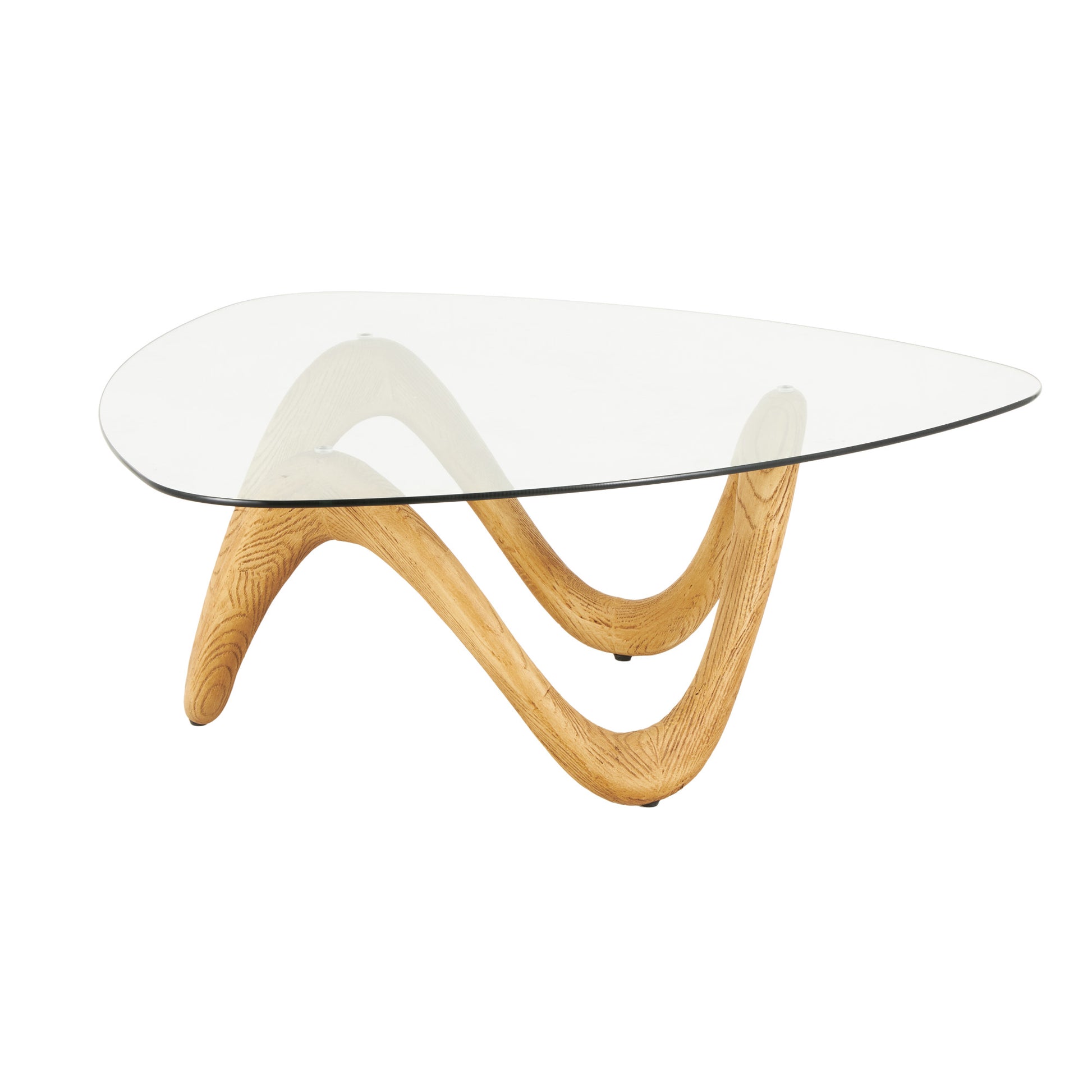Abstract Polystone Wood Inspired Wavy Side End Accent Table with Glass Tabletop