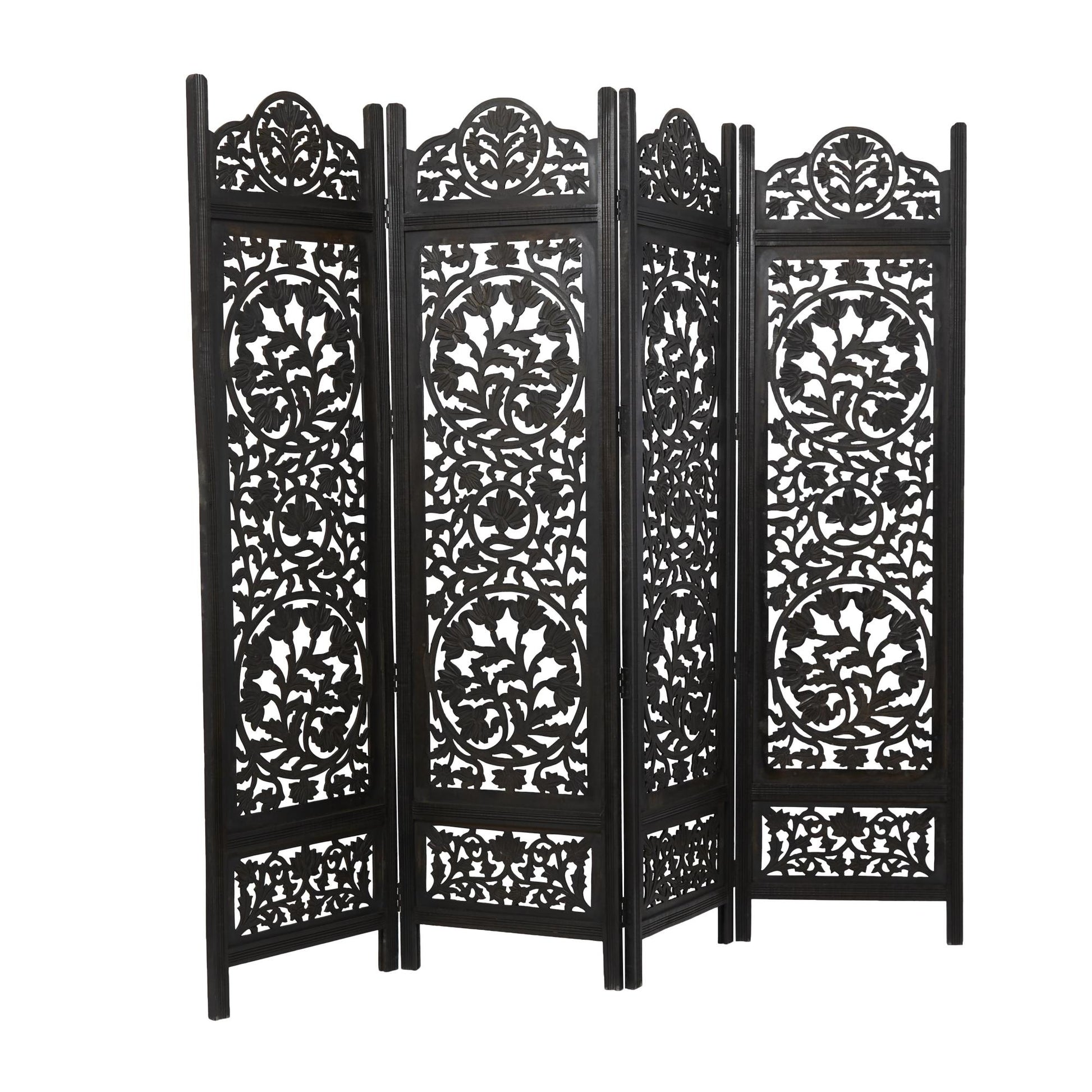 Floral Black Wood Handmade Foldable Partition Carved 4 Panel Partition Room Divider Screen