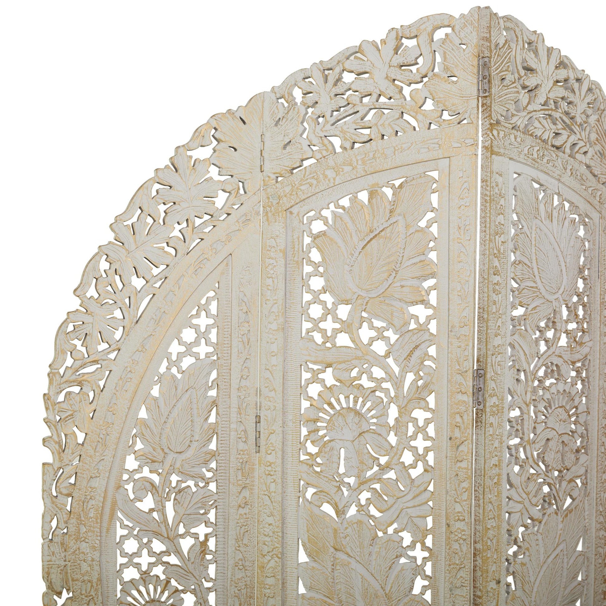 Floral White Wood Handmade Foldable Partition 4 Panel Partition Room Divider Screen with Carved Designs