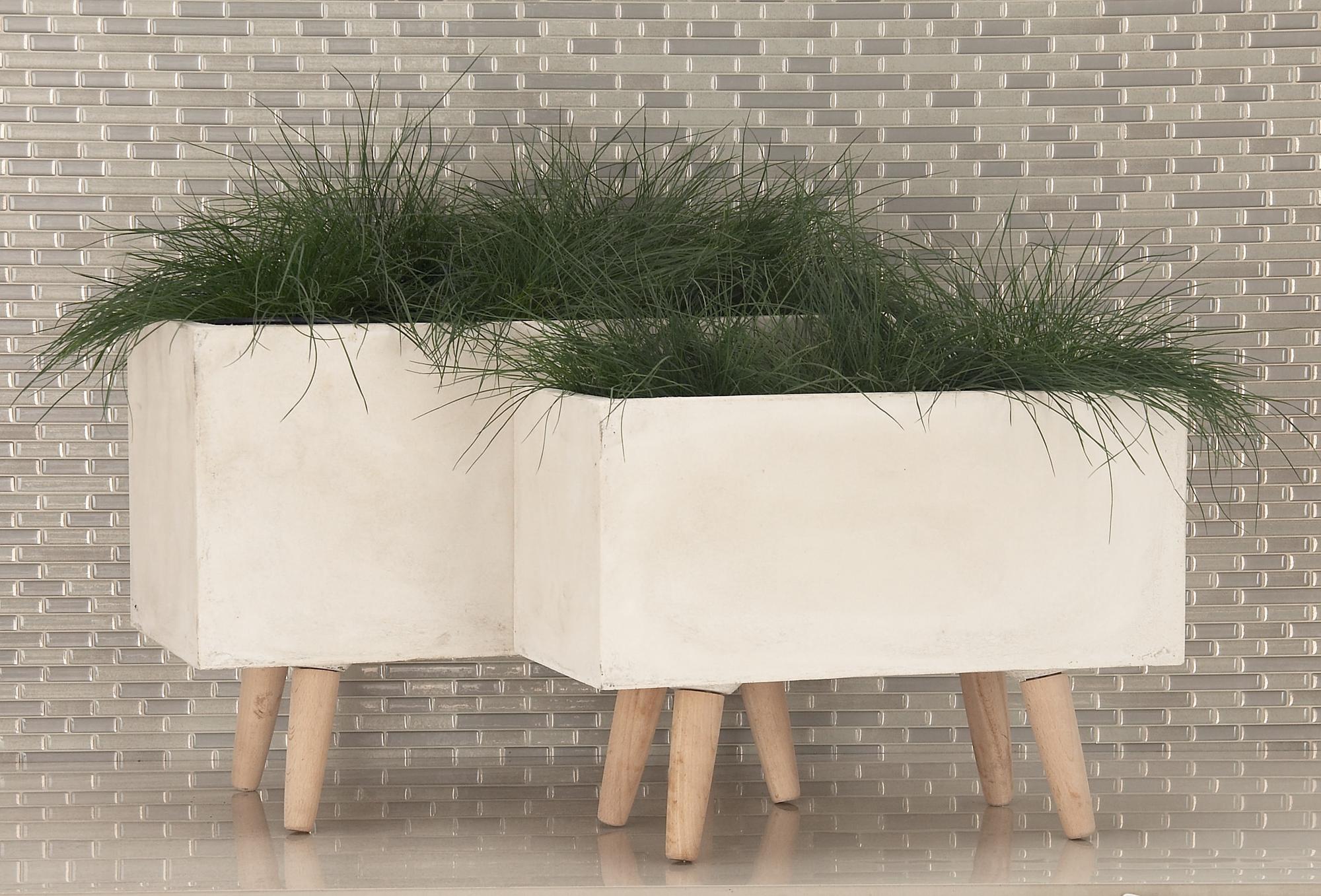 Set of 2 White Fiberclay Ceramic Rectangular Indoor Outdoor Planter with Brown Wooden Legs