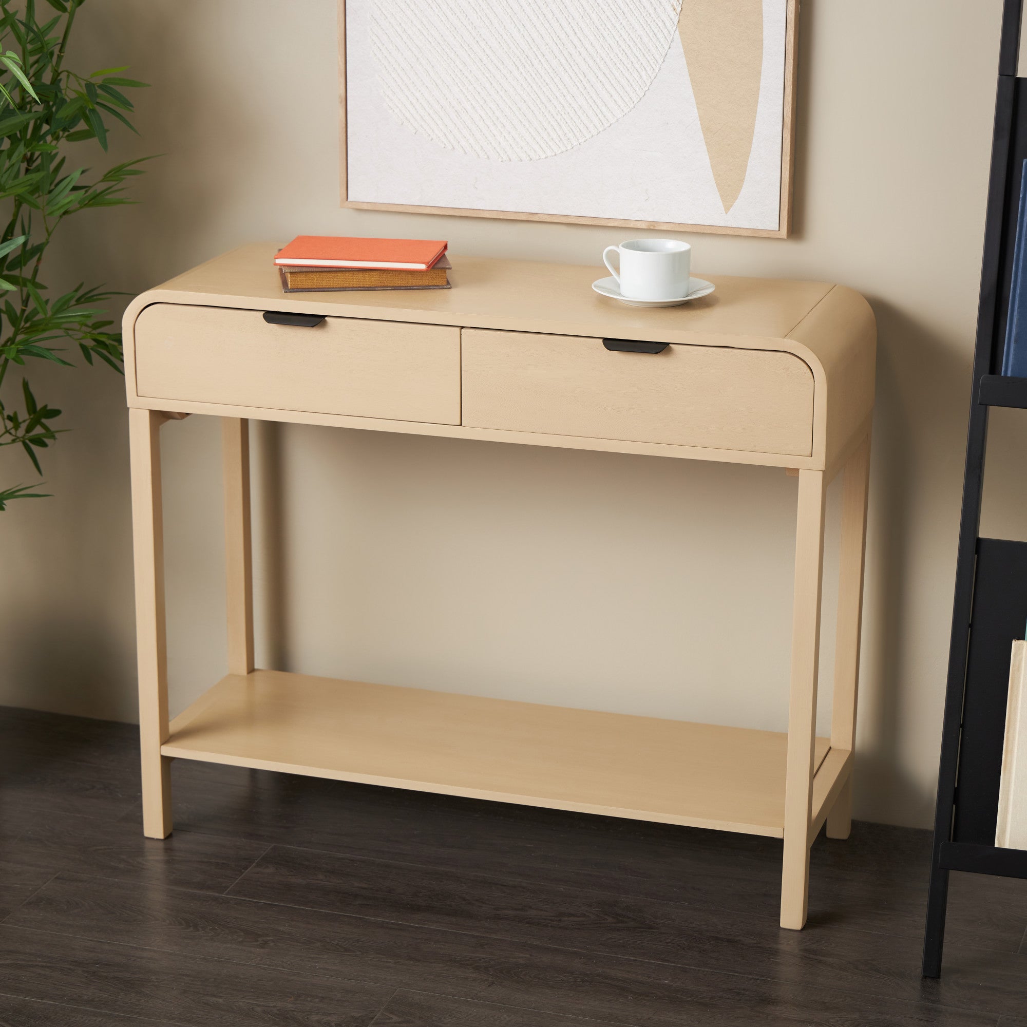 Beige Wood Handmade 2 Drawer Living Room Console Table with Black Handles
