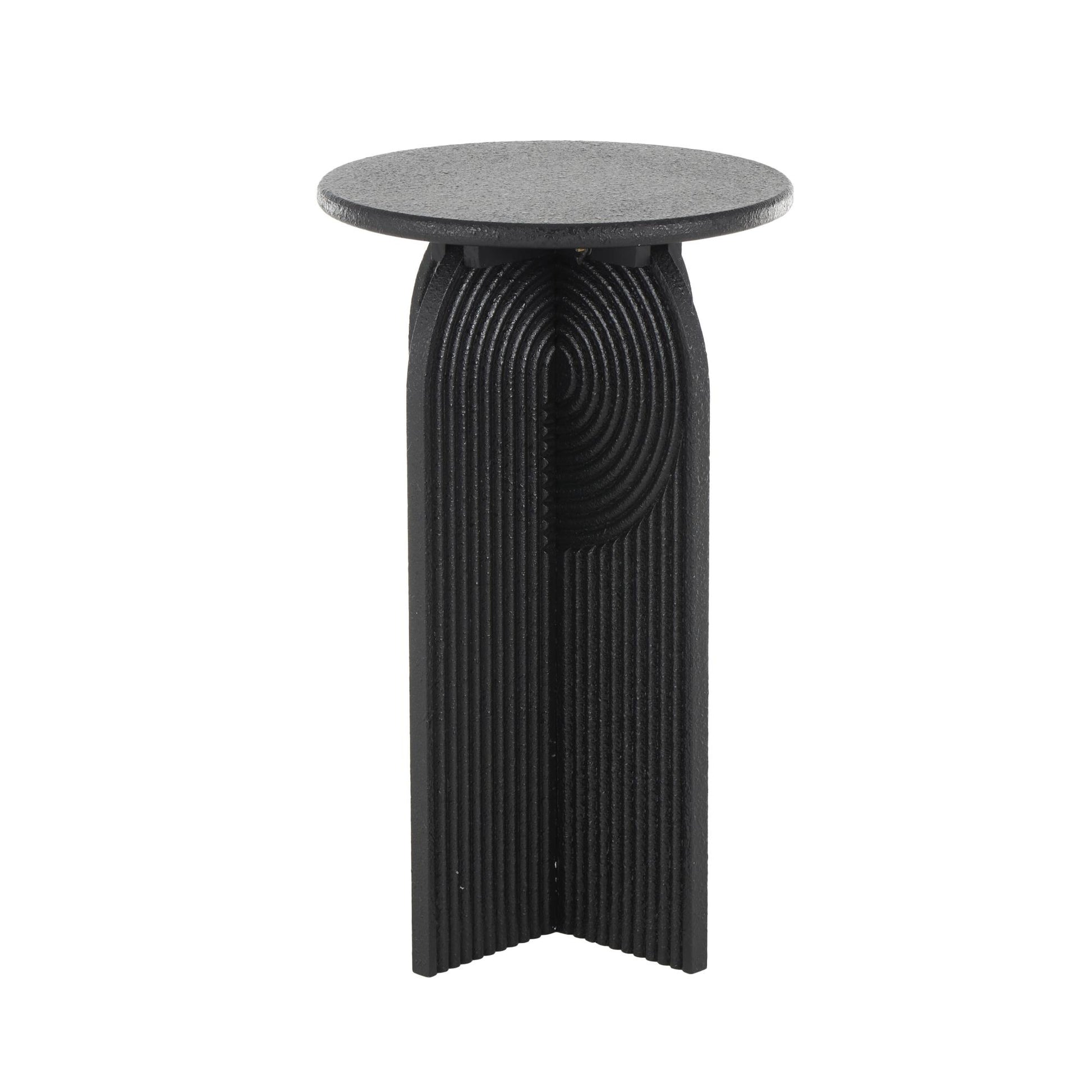 Set of 2 Geometric Black Wood Sandstone Carved Art Deco Arched Pedestal Side End Accent Table