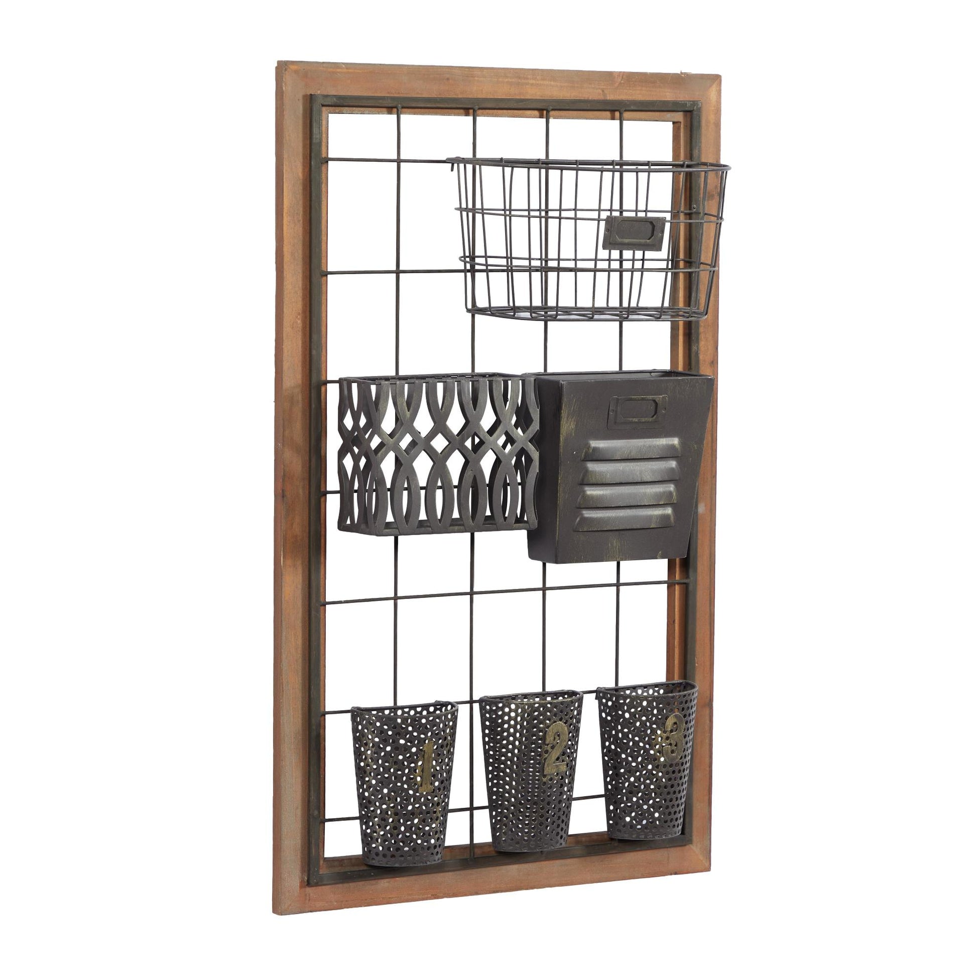 Brown Metal 1 Slot and 5 Baskets Decorative Magazine Rack Holder with Suspended Baskets and Label Slot