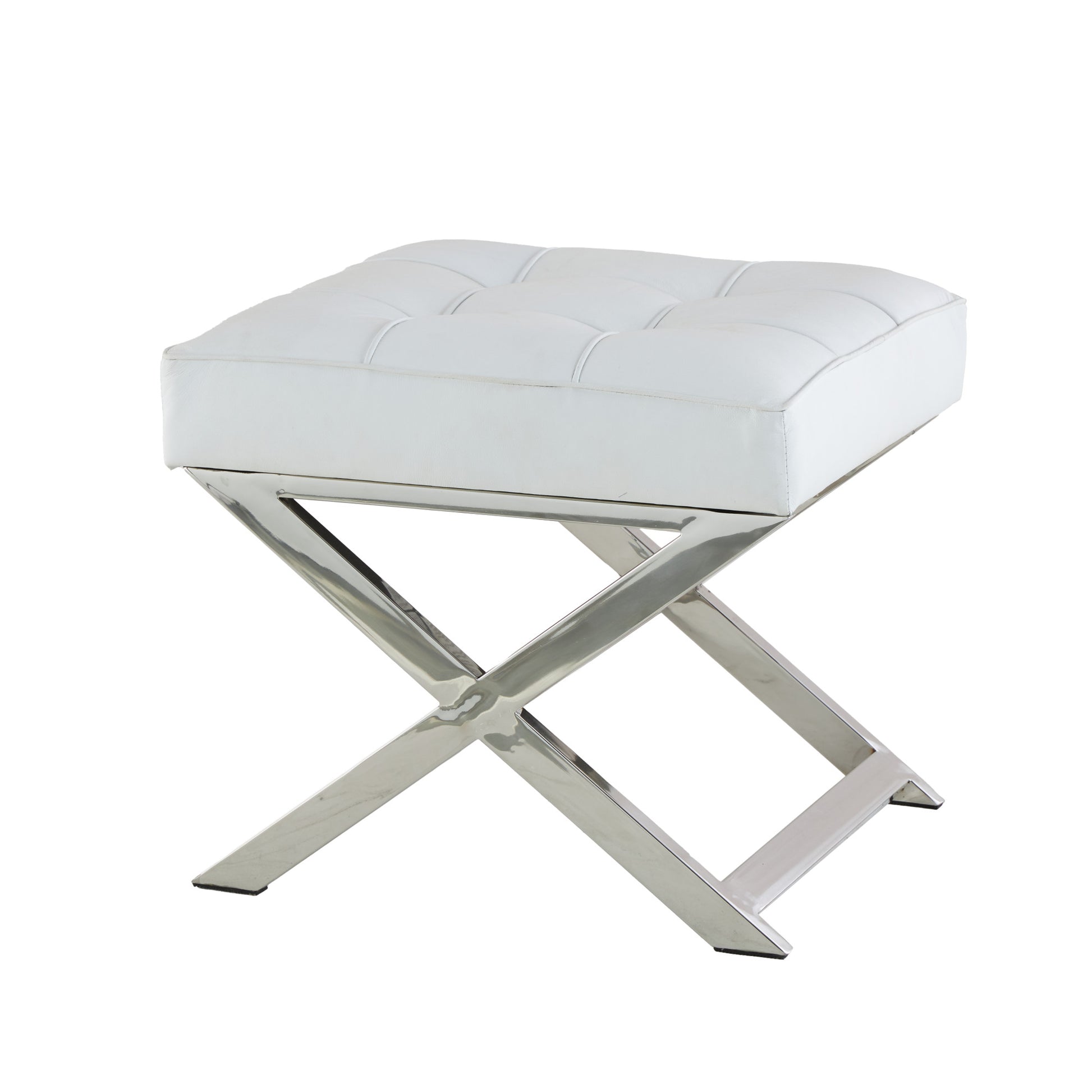 White Leather Living Room Stool with Stainless Steel Supports