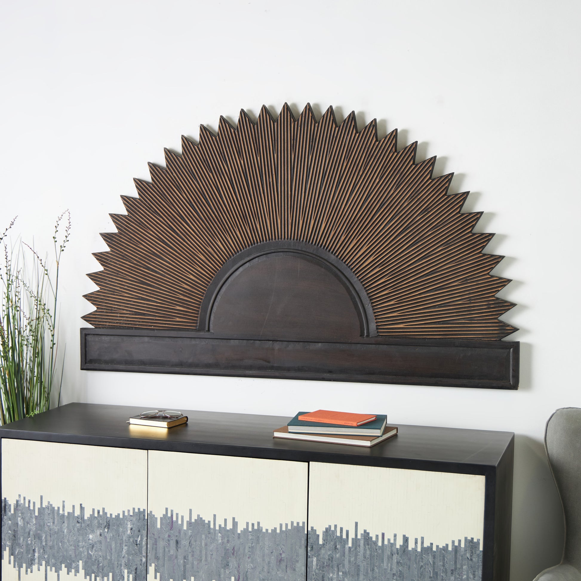 Sun Dark Brown Wooden Large Home Wall Decor with Copper Accents
