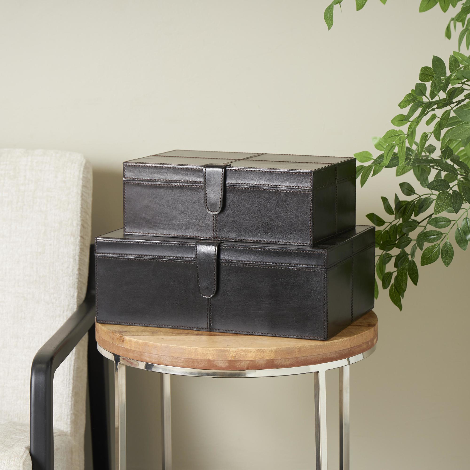 Set of 2 Leather Handmade Cowhide Storage Decorative Box with Stitching Detail