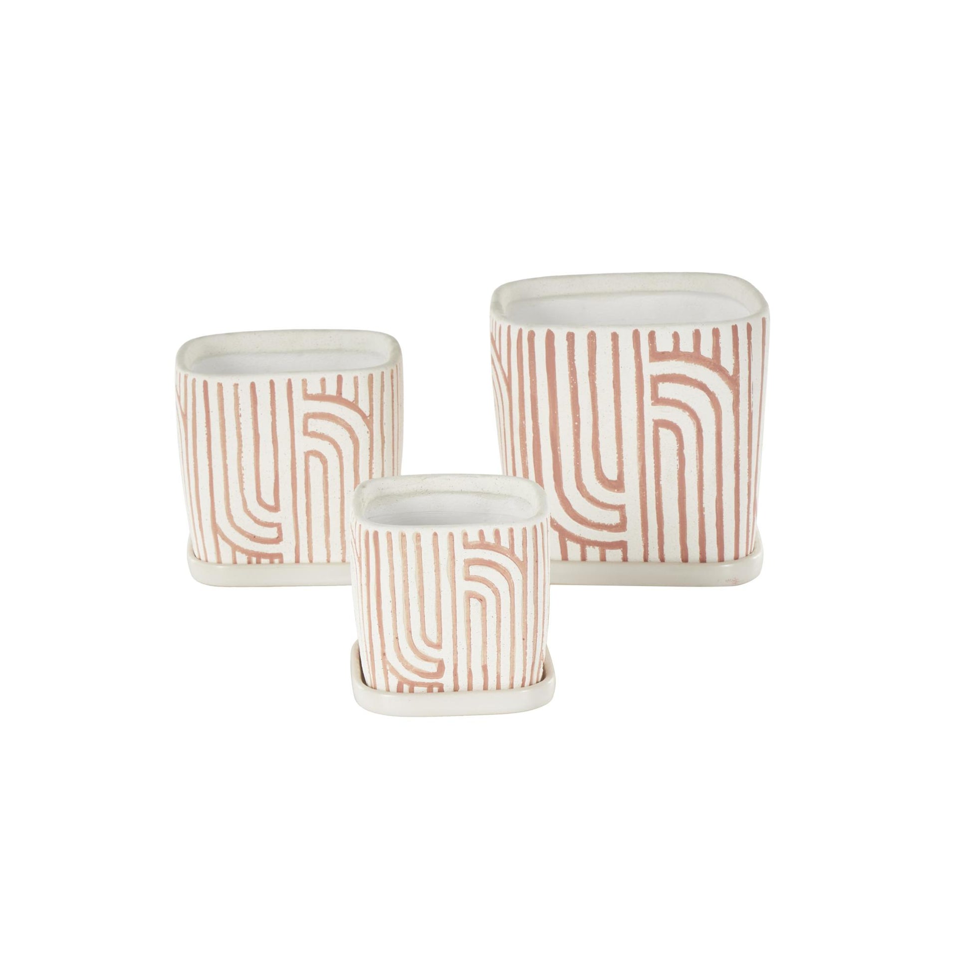 Set of 3 Geometric Ceramic Arched Patterned Indoor Outdoor Planter with Attached Saucer